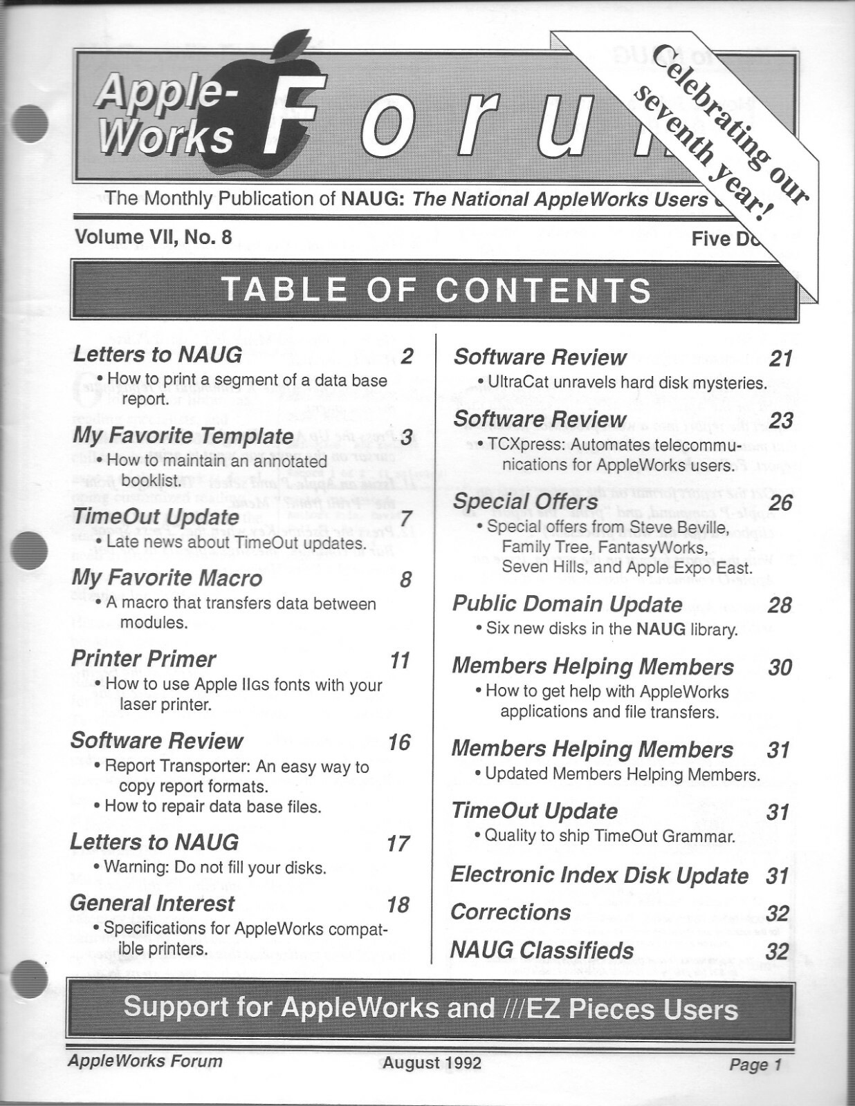 AppleWorks Forum Magazine, August 1992 for Apple II II+ IIe IIc IIgs