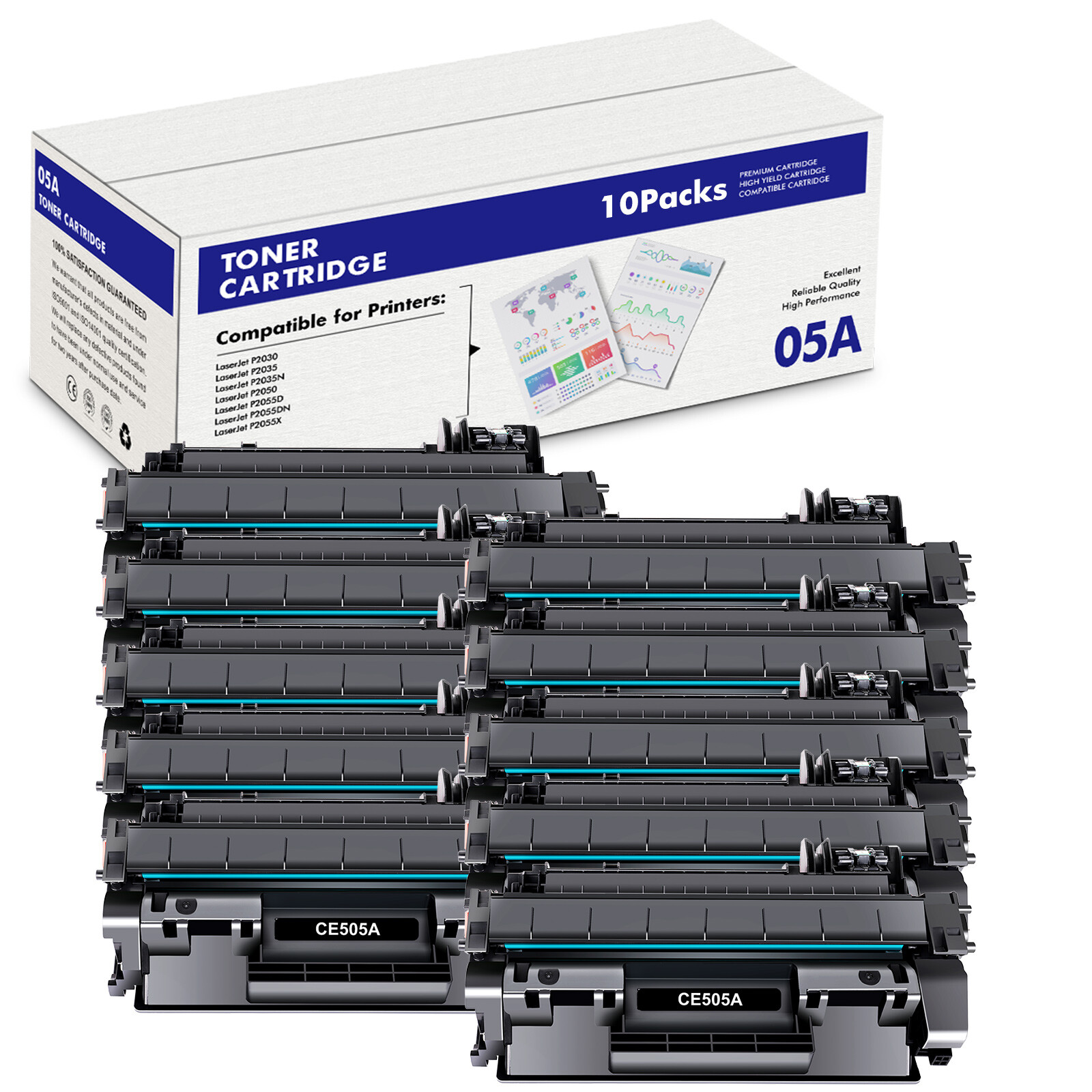 High Yield 10PK for HP 05A CE505A Black Toner Cartridge LaserJet P2035 P2055dn