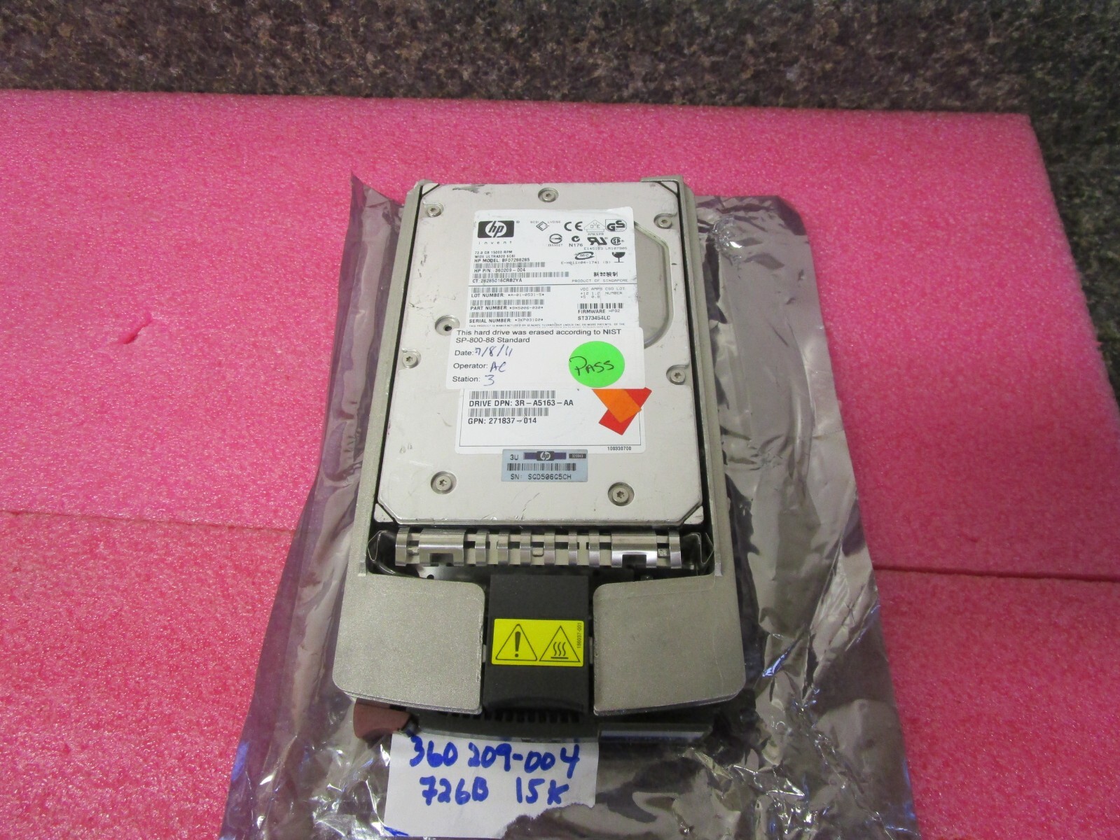 HP 72GB 15K U320 SCSI Hard Drive 360209-004 BF07288285 with Tray