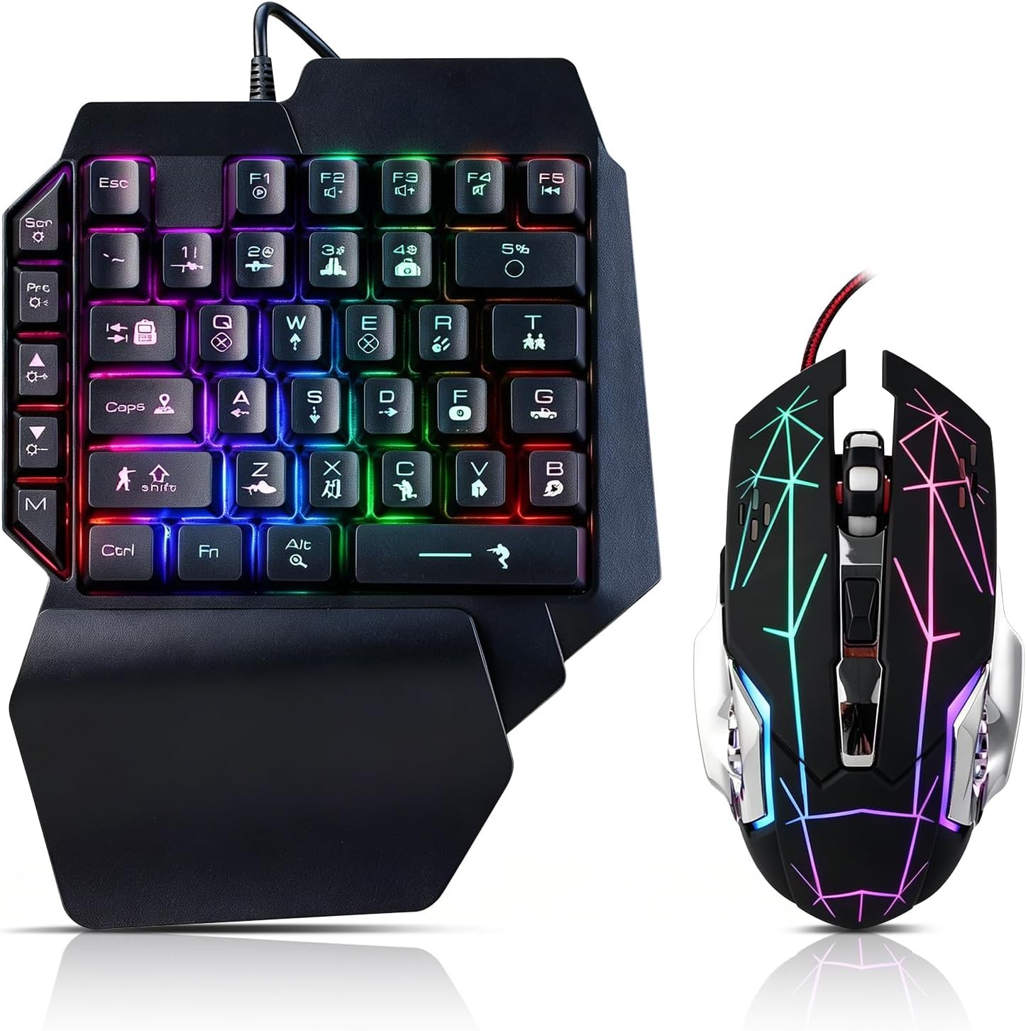 Wired One Handed Gaming Keyboard and Mouse Combo with Rainbow LED Backlit 39