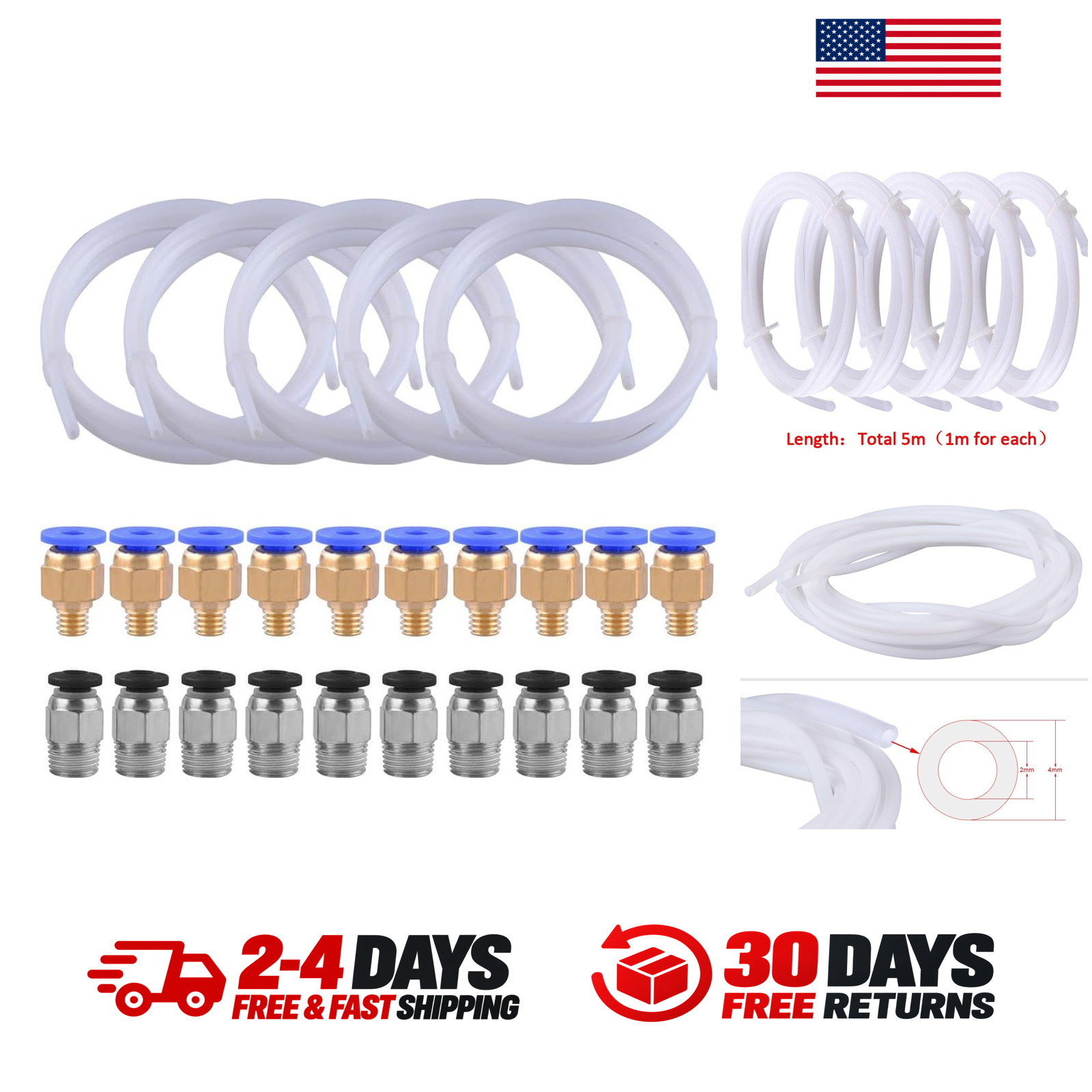5 Pieces Teflon Tube PTFE Tubing 4mm Outside Diameter 2mm Inner Diameter Heat