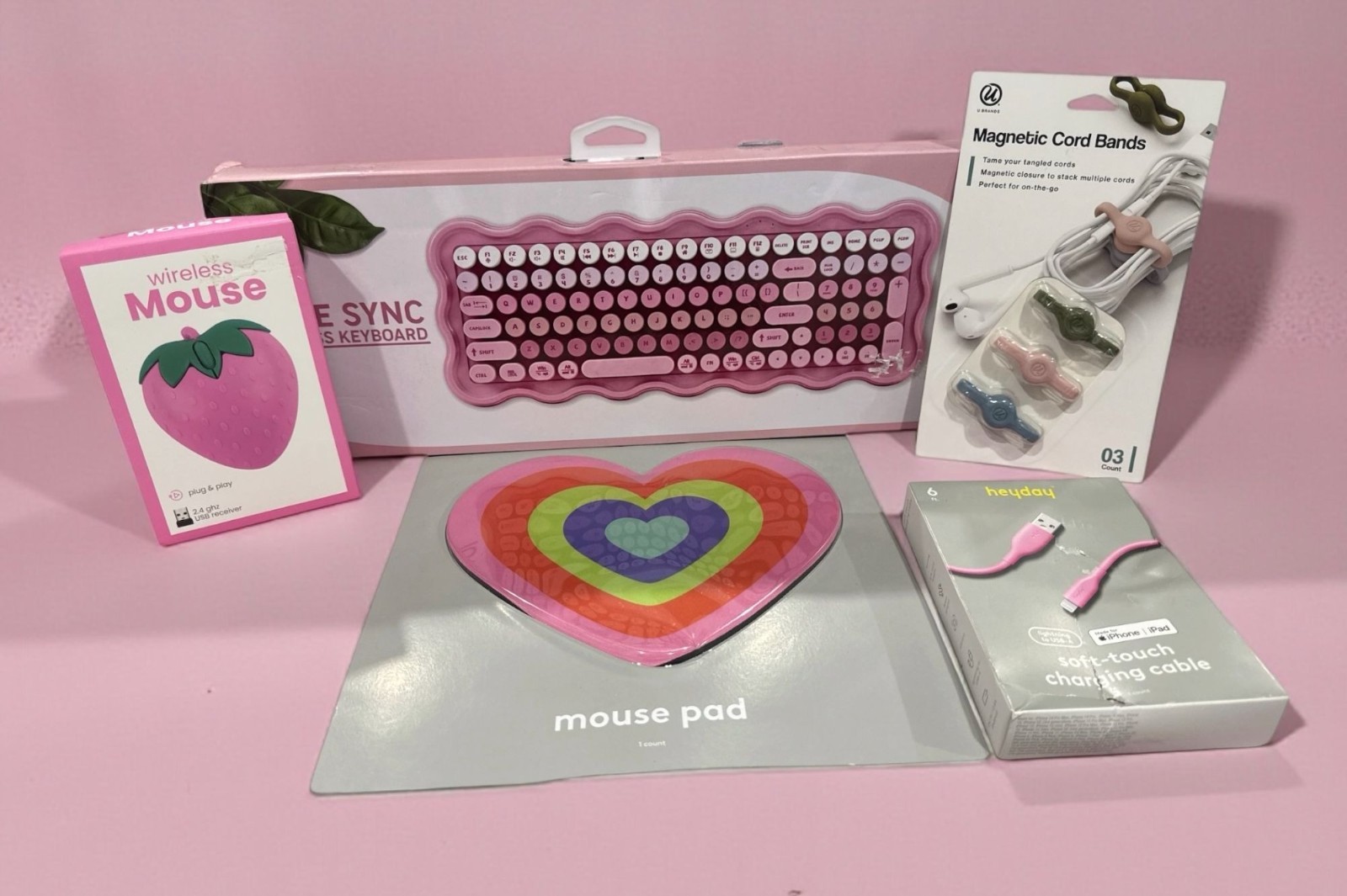 Pink Bundle Desk Essentials: Wireless Keyboard, Strawberry Mouse,  Heart Mouse P