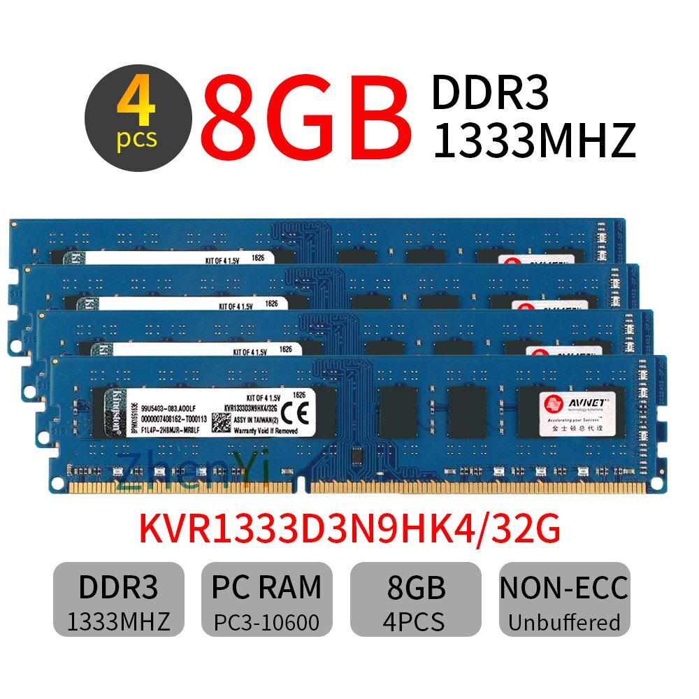 Kingston 32GB Kit 4x 8GB DDR3 1333MHz PC3-10600U 240Pin Desktop PC Memory SDRAM