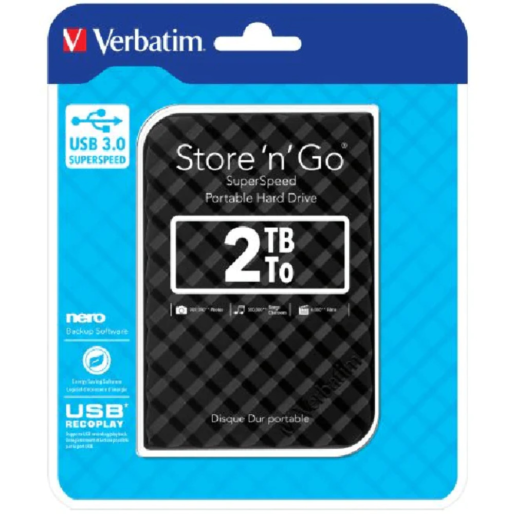 NEW Verbatim Store-N-Go USB 3.0 Portable Hard Drive 2TB Black High Speed