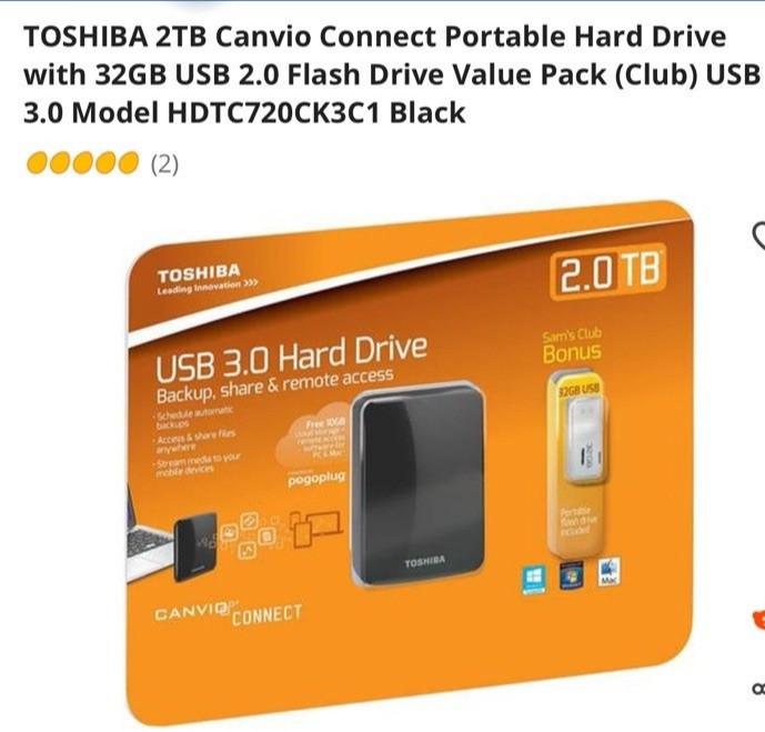 Toshiba 2TB Portable External Hard Drive USB 3.0 Black Canvio Connect + 32GB USB