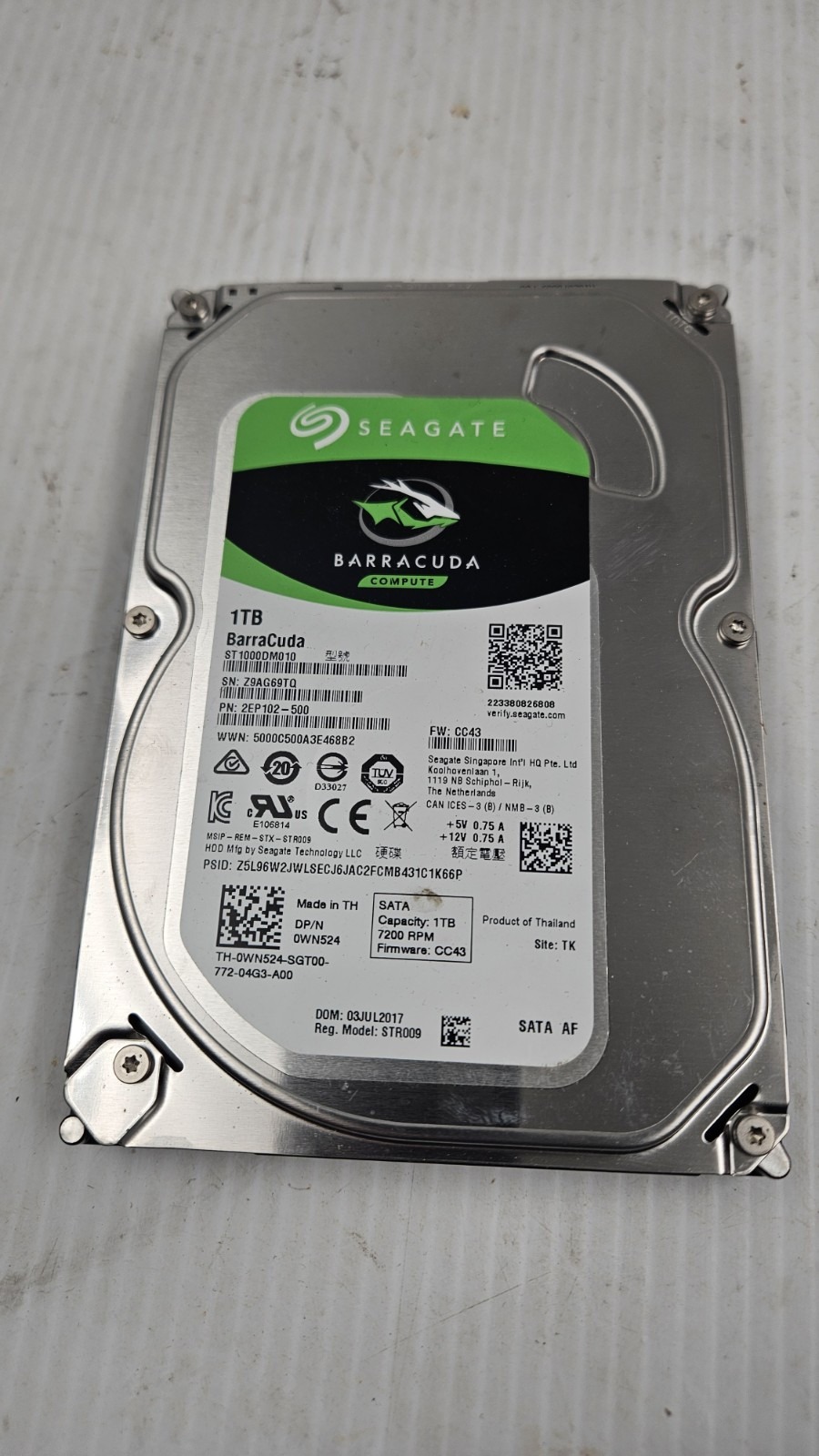 Seagate ST1000DM010 PN: 2EP102-500 FW: CC43 3.5" 1TB HD TK Z9A