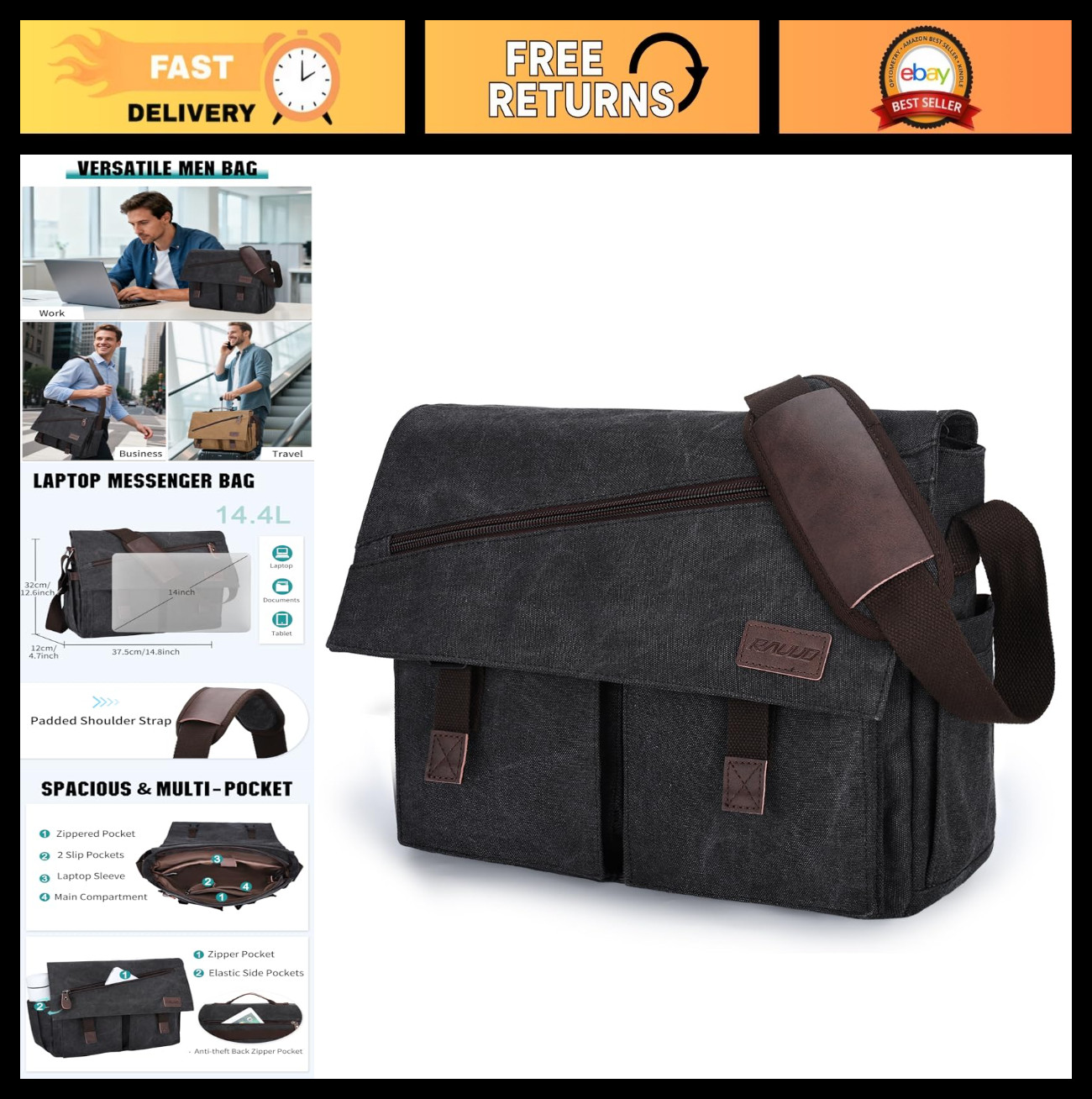 Water Resistant Canvas Messenger Bag for Men, 14-17 Inch Laptop Satchel, Busines