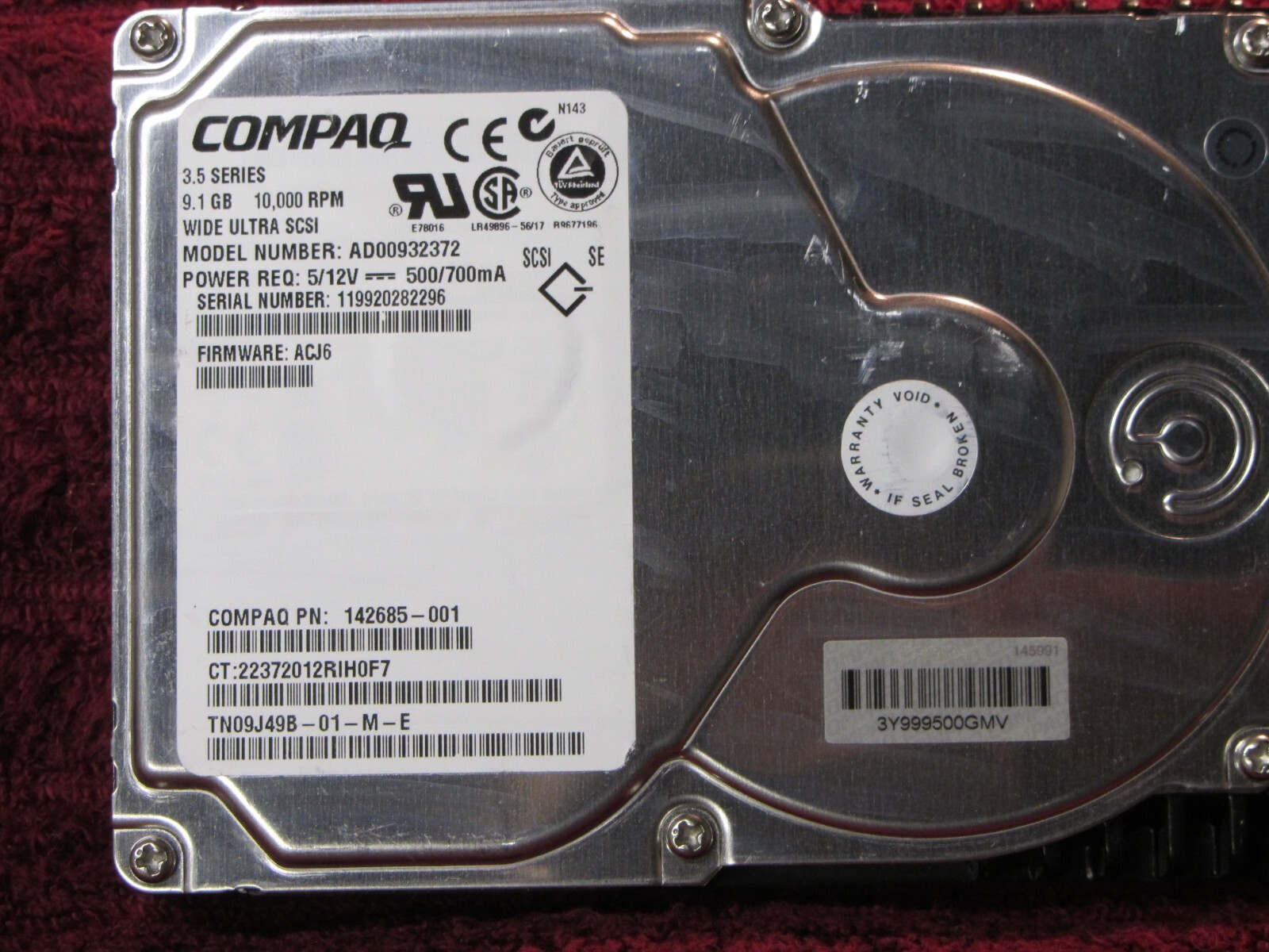 COMPAQ 9.1GB 10000RPM WU SCSI HDD, AD00932372 FW: ACJ6, PN: 142685-001, Lot of 3