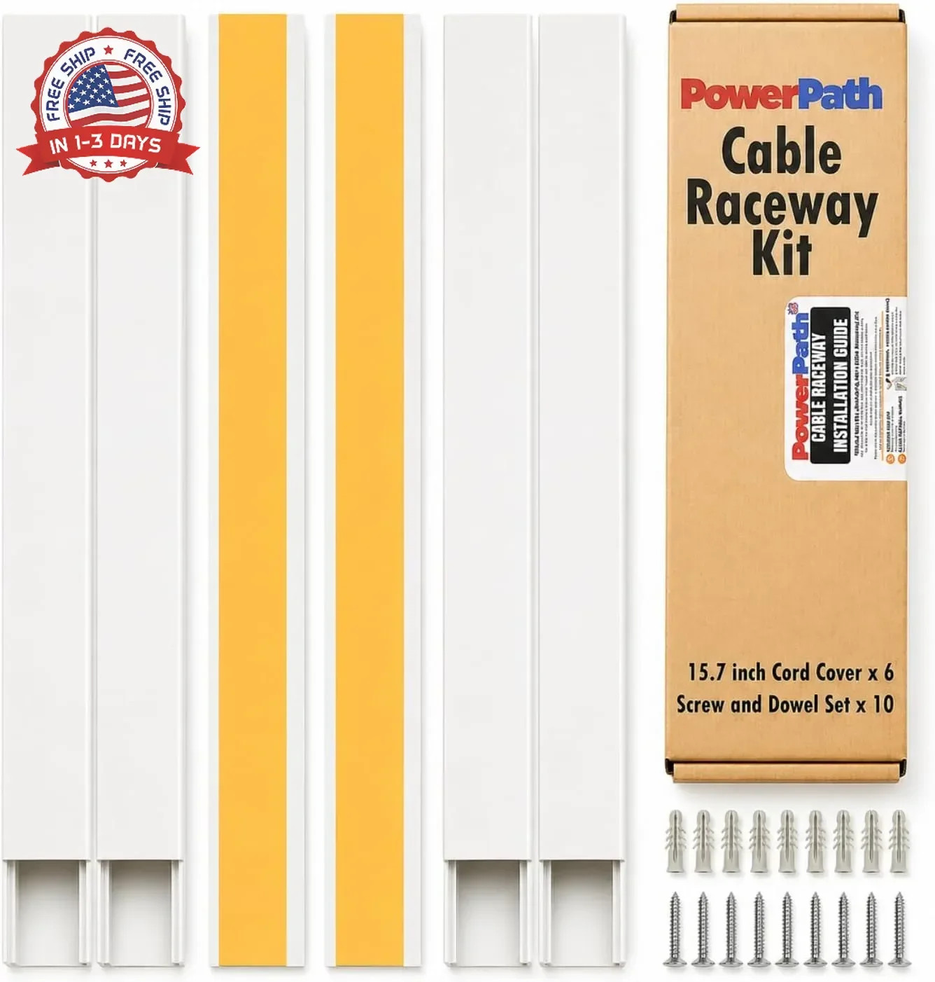 Cord Hider Wall 94in Starter Kit, 6 Pack 15.7in Paintable Cable Raceway