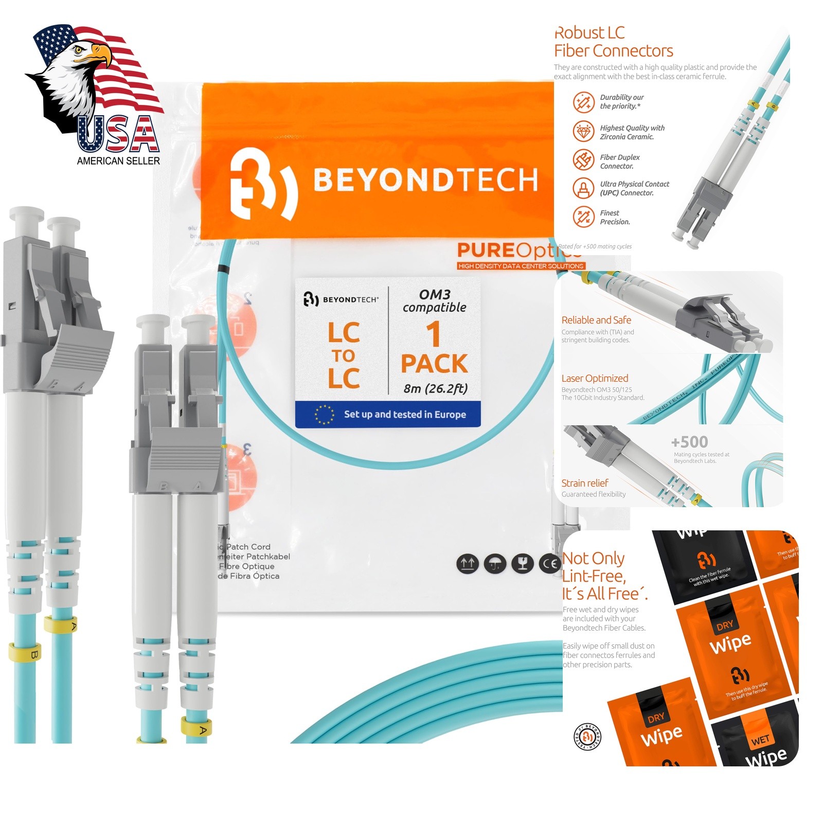 BEYONDTECH 8m LC to LC Fiber Patch Cable OM3 Duplex 50/125µm