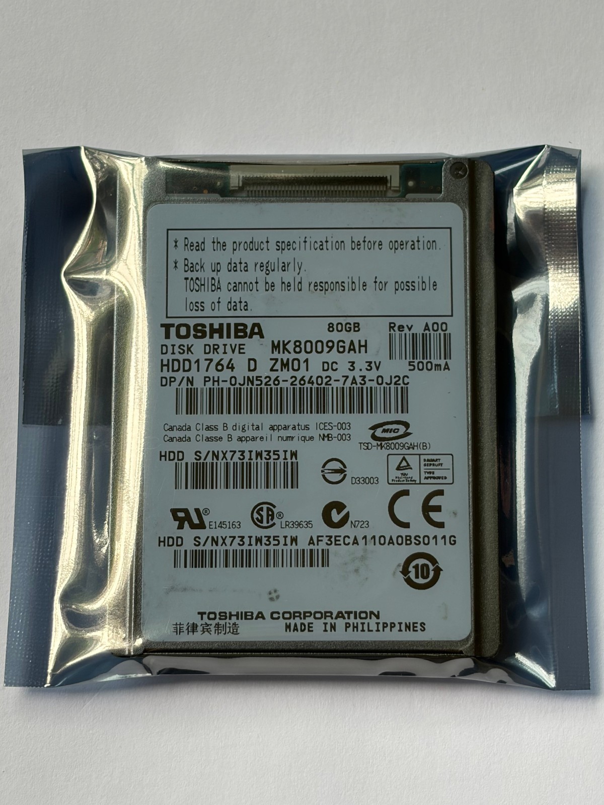 Toshiba MK8009GAH 80GB 1.8" CE ZIF hard drive disk for Laptop/IPOD/ Video camera