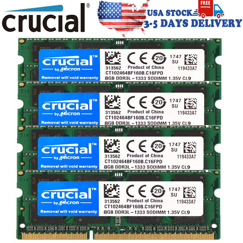 CRUCIAL DDR3L 32GB (8GB x4) 1333mhz PC3L-10600 Laptop SODIMM Memory RAM 204Pin