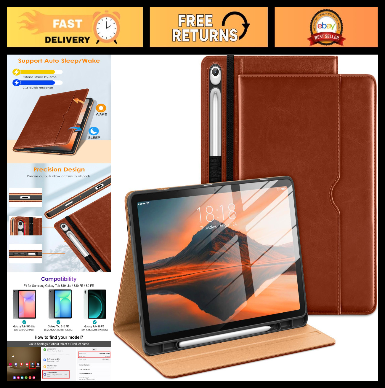 Premium Leather Case for Samsung Galaxy Tab S10 Lite/S10 FE/S9 FE - Brown, Slim