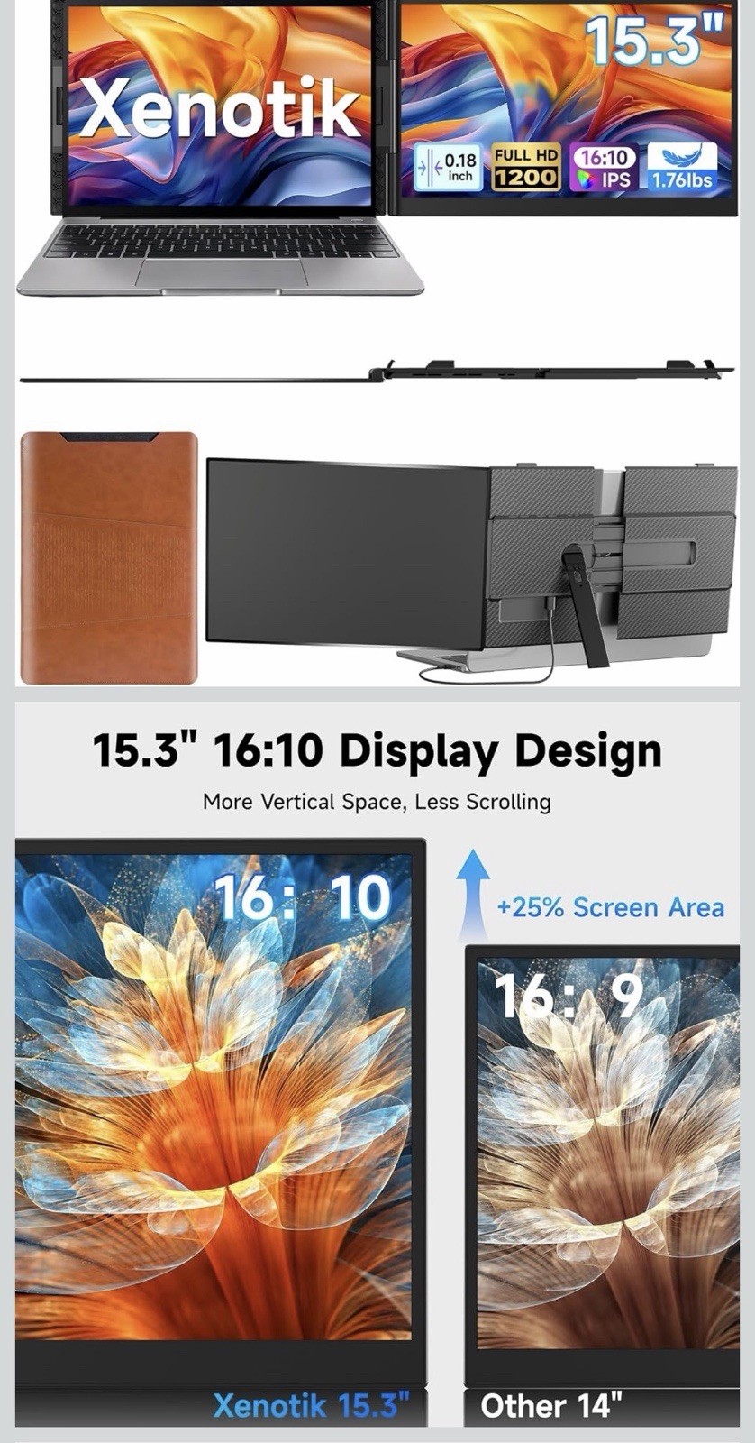 15.3" Laptop Screen Extender, 1200P Ultra-Slim Portable Monitor for Laptop Black