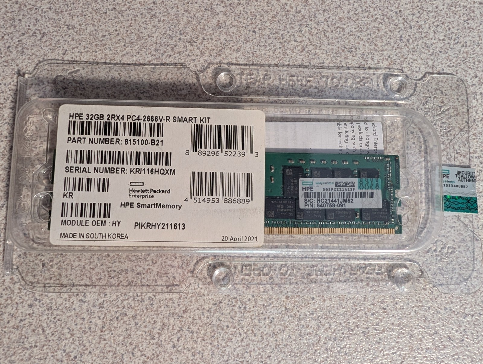 815100-B21 850881-001 840758-091 HPE 32GB DDR4 PC4-2666V GEN10 ECC Server Memory
