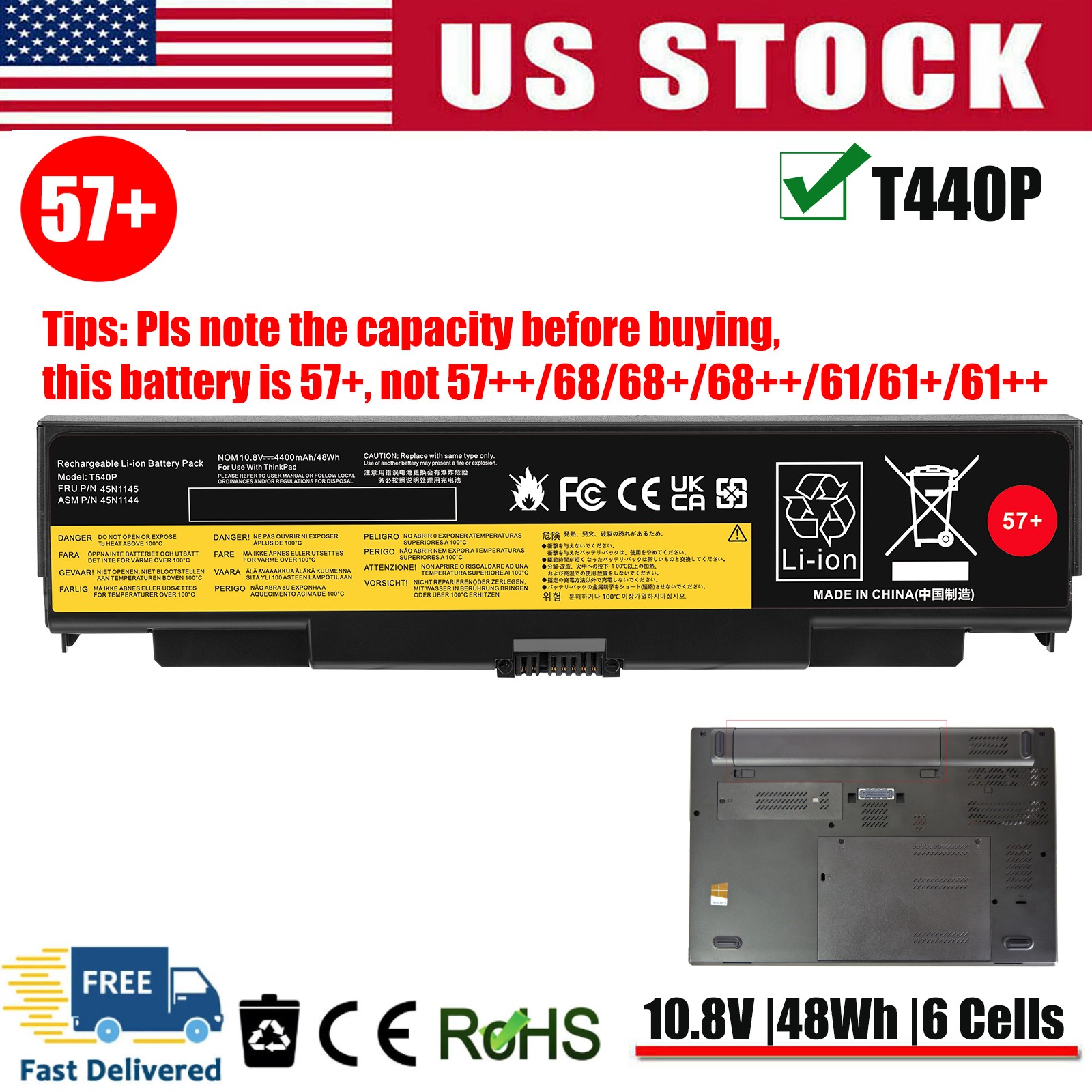✅NEW T440P T540P Battery for ThinkPad L440 L540 W540 45N1150 0C52863 0C52864 57+