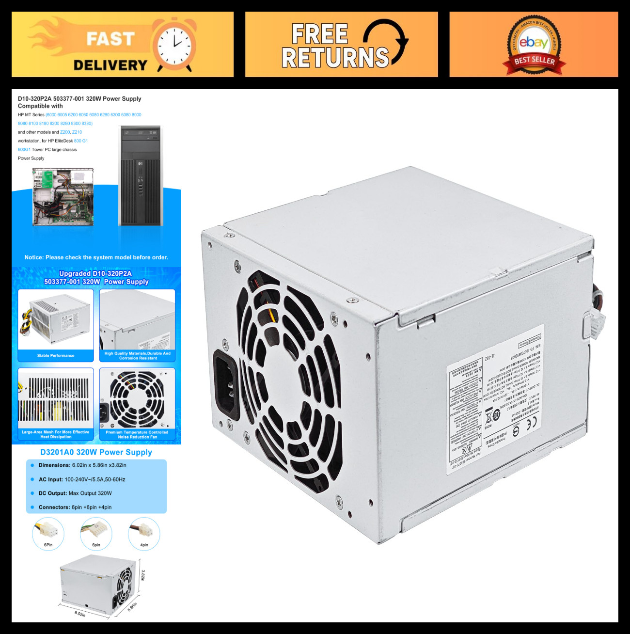 320W Power Supply PSU for HP MT 6000 6200 6300 8000 Z200 D10-320P2A DPS-320NB