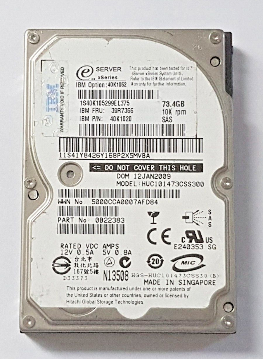 73.4GB SAS IBM xSeries 40K1052 FRU: 39R7366 10K RPM 16MB HDD 2.5" Hard Drive