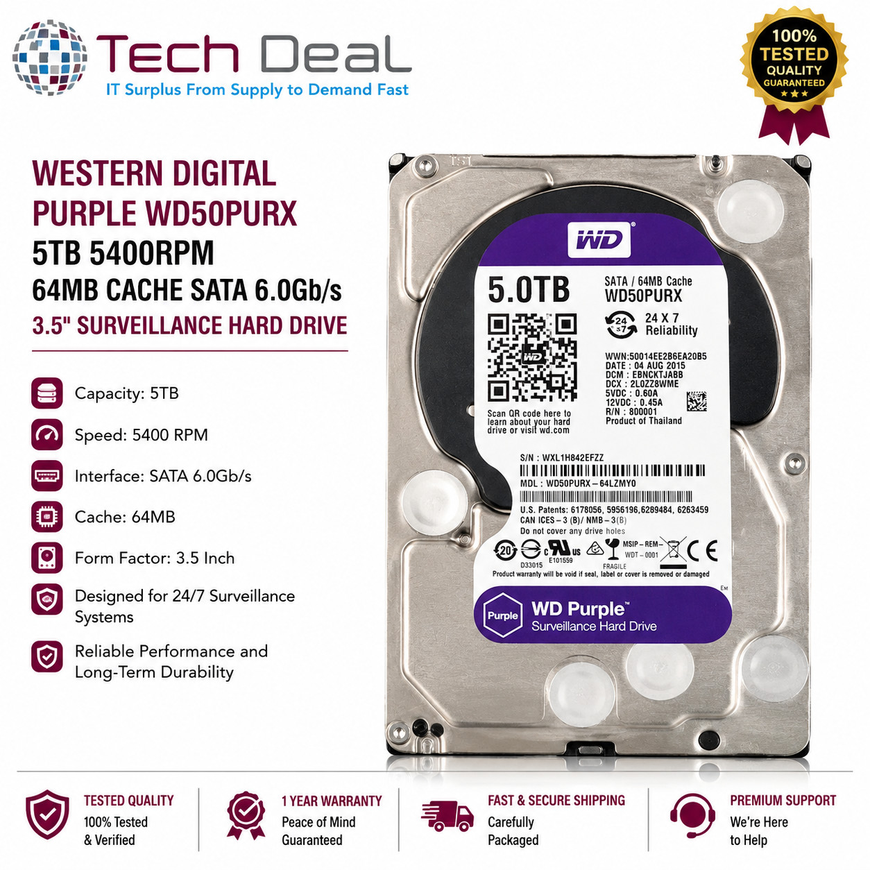 WESTERN DIGITAL Purple WD50PURX 5TB 5400 64MB Cache SATA 6.0Gb/s 3.5"