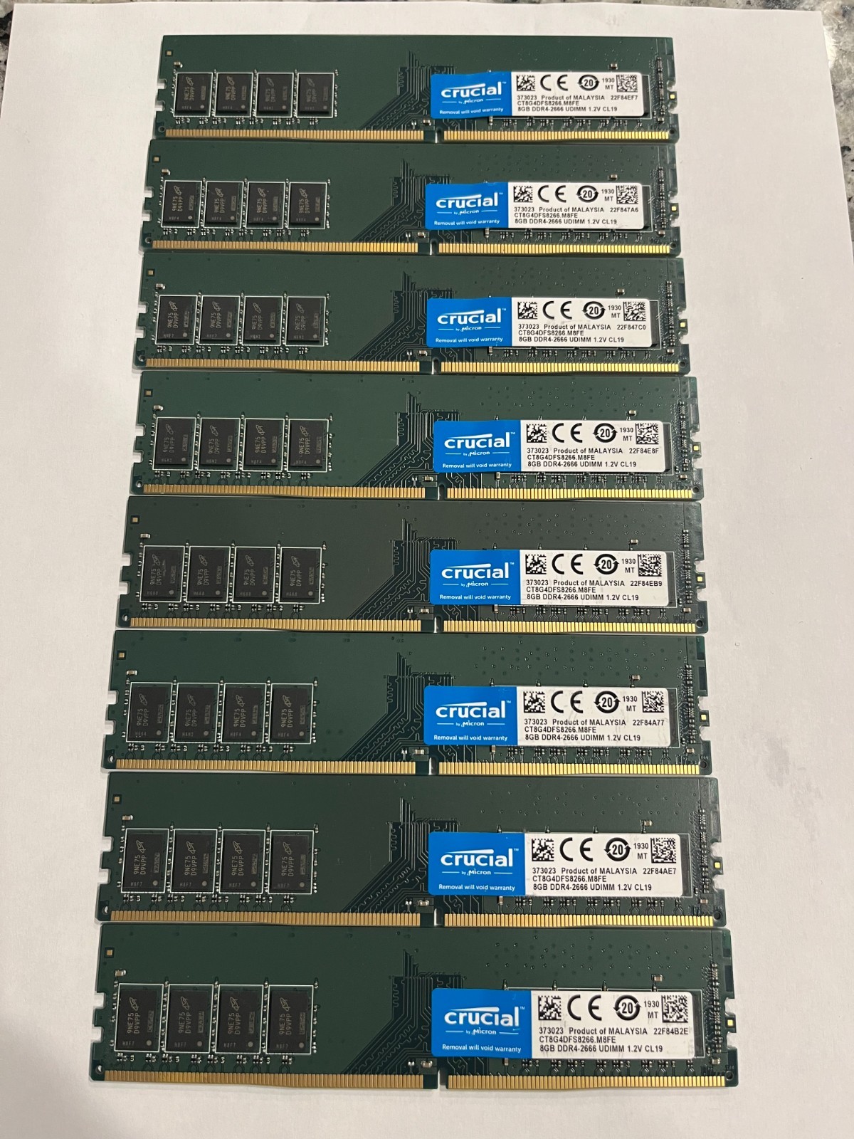 LOT OF 8 Crucial Micron 8GB DDR4-2666 UDIMM Memory RAM CT8G4DFS8266.M8FE
