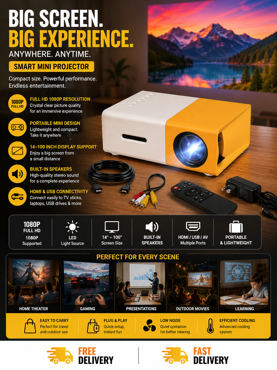 AUSHA Portable Mini Projector Full HD 1080p LED USB HDMI for Home Theater 100 In