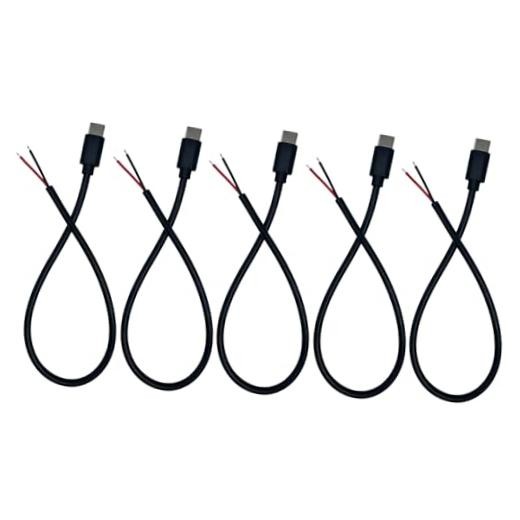 20AWG USB C Male 2-Pin Bare Wire Open-End 5V 5A 1FT USB Type C Male Black 5PCS