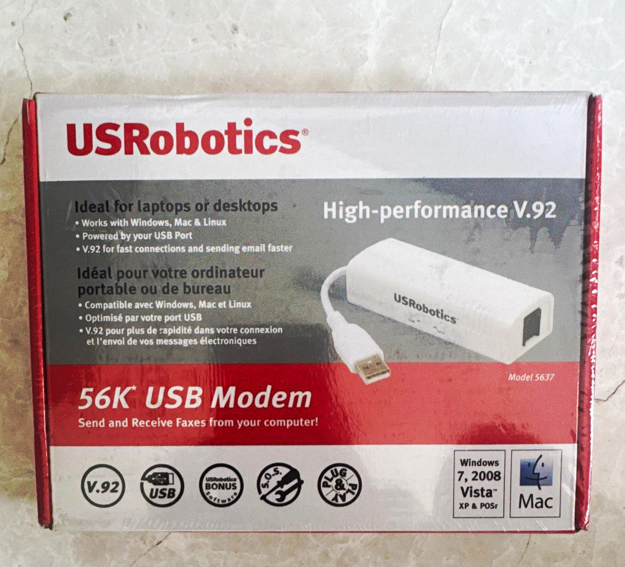 USRobotics 56K USB Dial-Up Modem V.92 Model 5637 RJ-11 Fax White