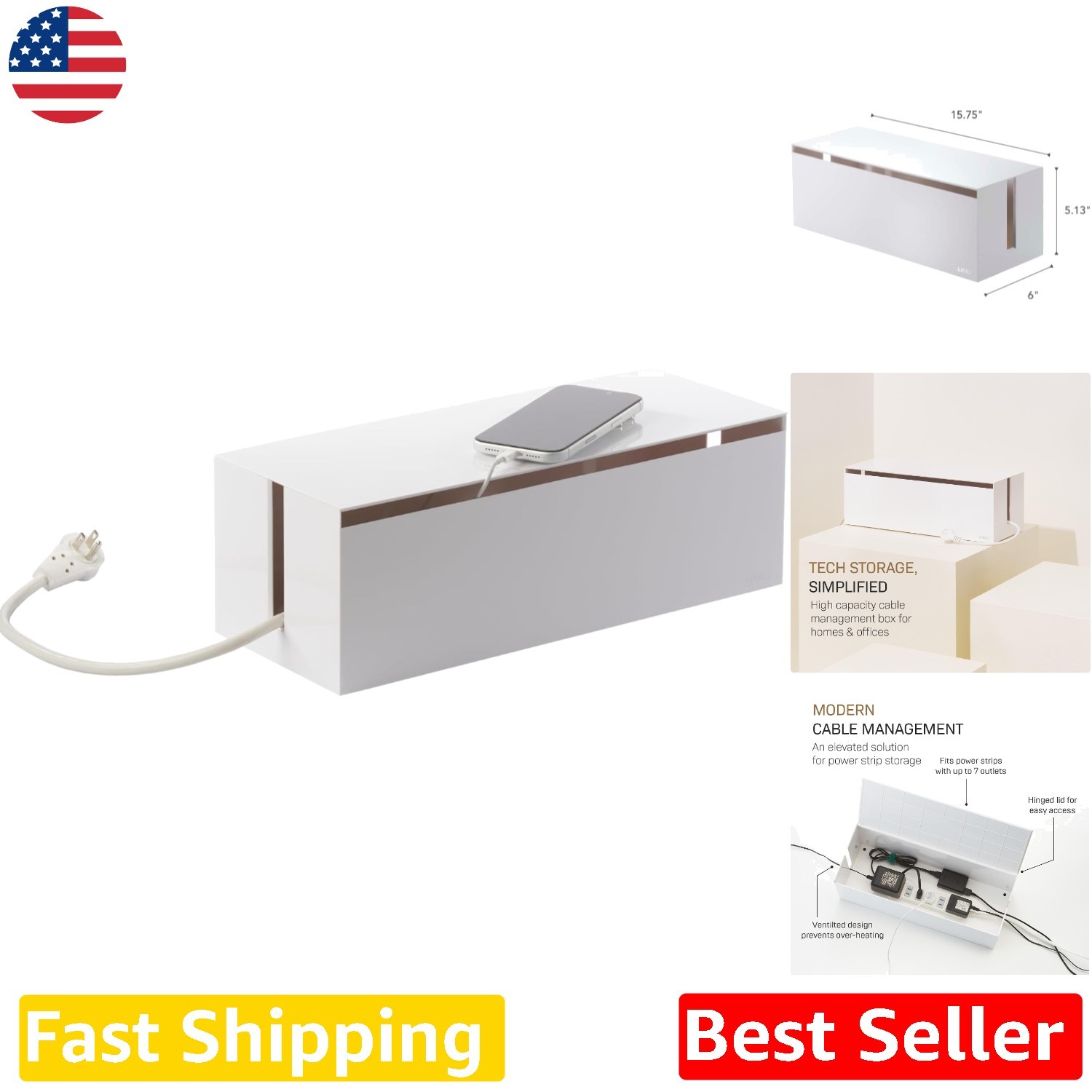 Minimalist Cord Organizer Box White ABS Plastic Desk Cable Hider