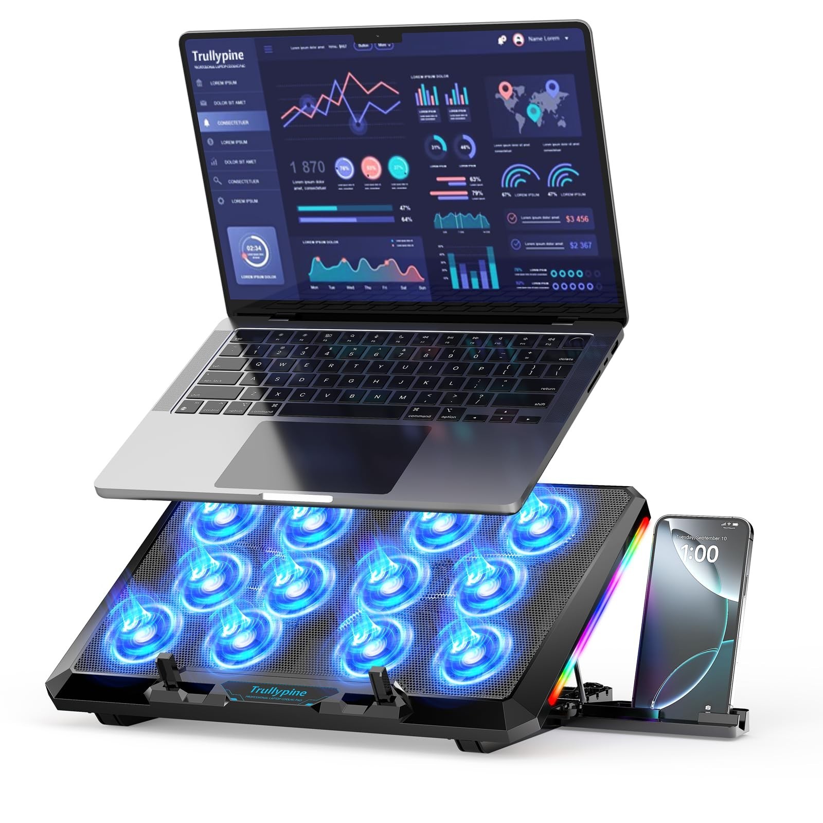 Slim Laptop Cooling Pad with 12 Quiet Fans, Ergonomic Stand, Adjustable Height,