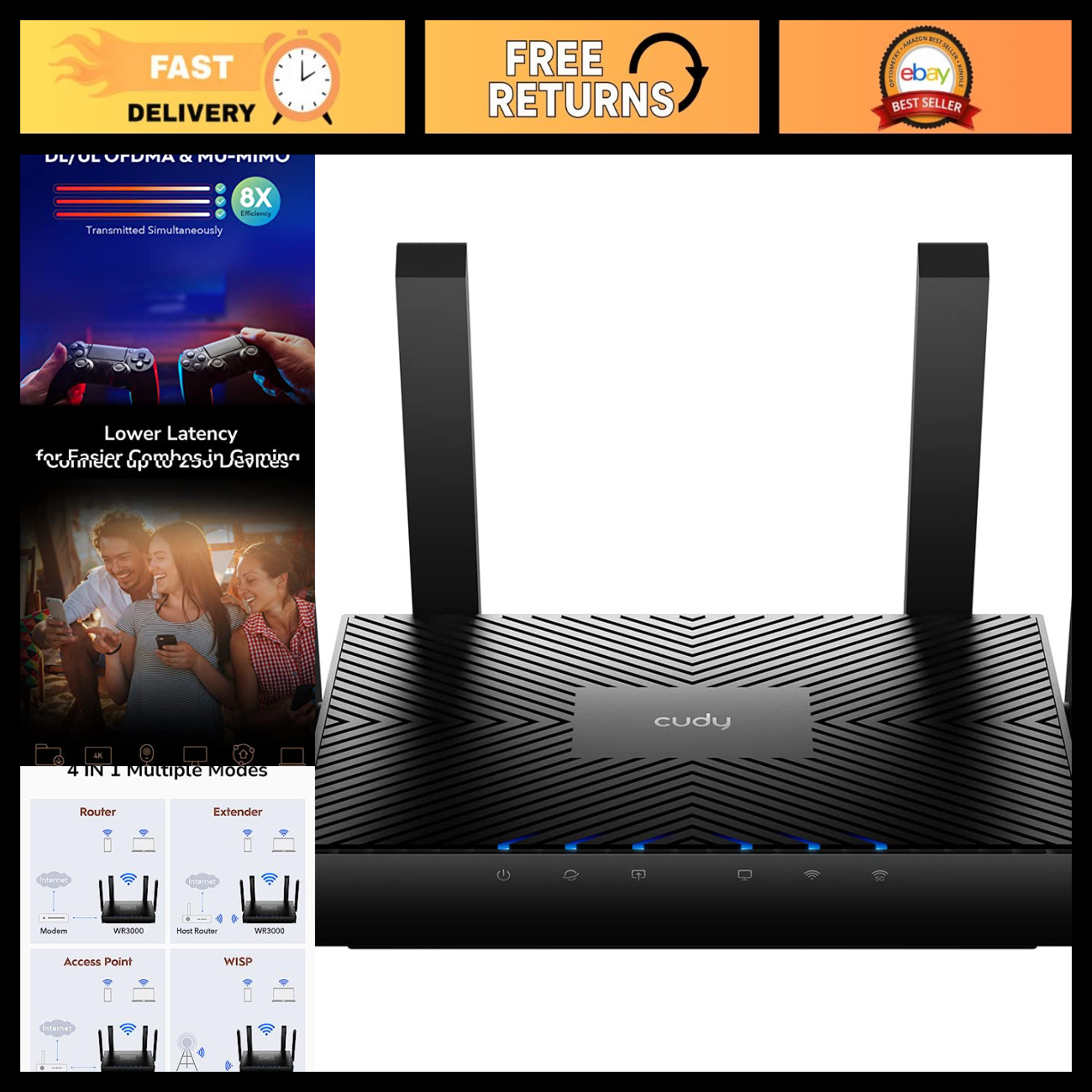 AX3000 Wi-Fi 6 Router, 4-Port Gigabit, 5-in-1 Modes, Mesh Network System