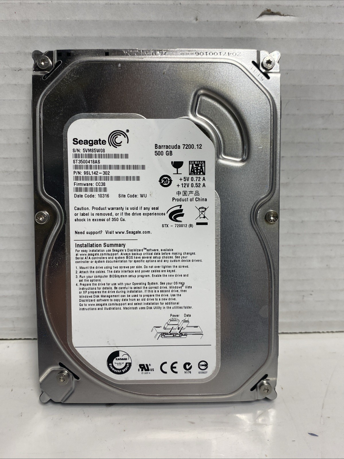 Seagate 9SL142-302 ST3500418AS 500GB SATA 3.5" 7.2K RPM 16MB FW CC38