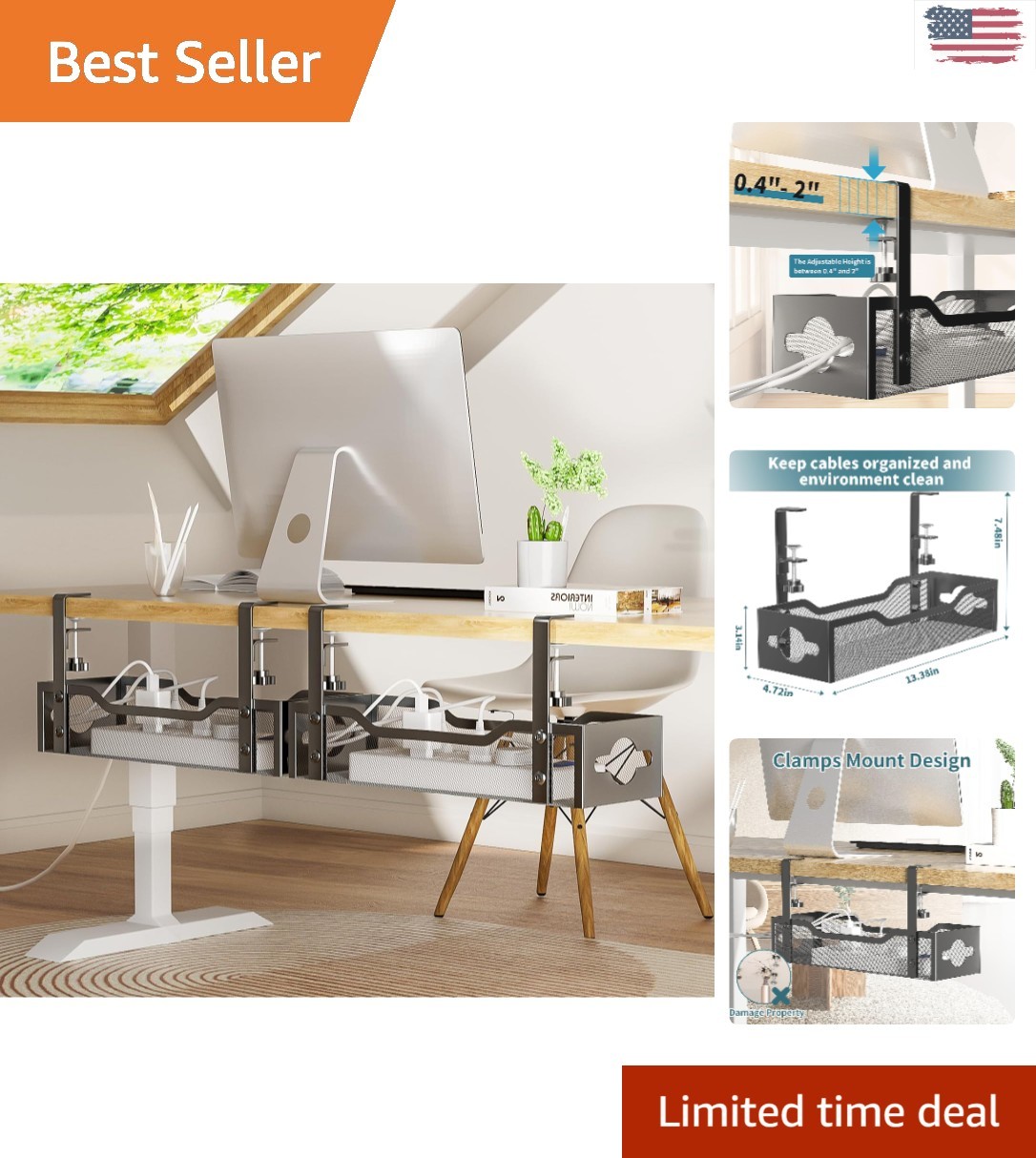 Elegant Under Desk Cable Management Tray 2 Pack - No Drill Clamp, 13.38'' Black