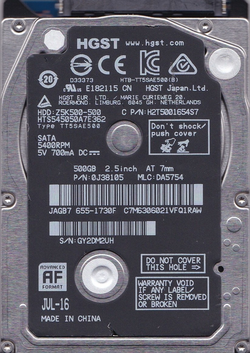 HTS545050A7E362 pn: 0J38105 mlc: DA5754 500GB SATA 2.5 2016 HGST Apple 655-1730F