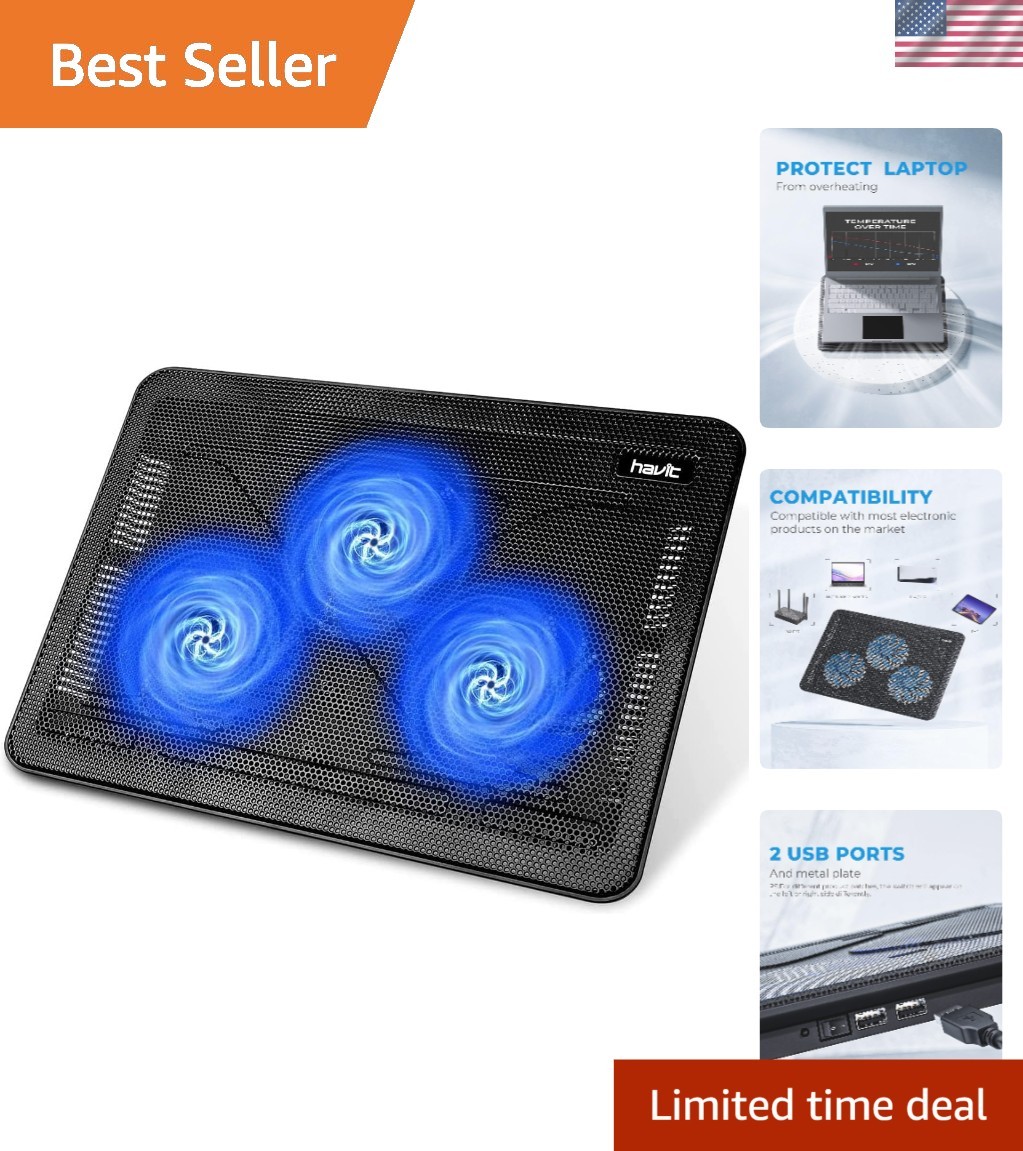 Slim Black and Blue Laptop Cooling Pad for 15.6"-17" Laptops – Adjustable Height