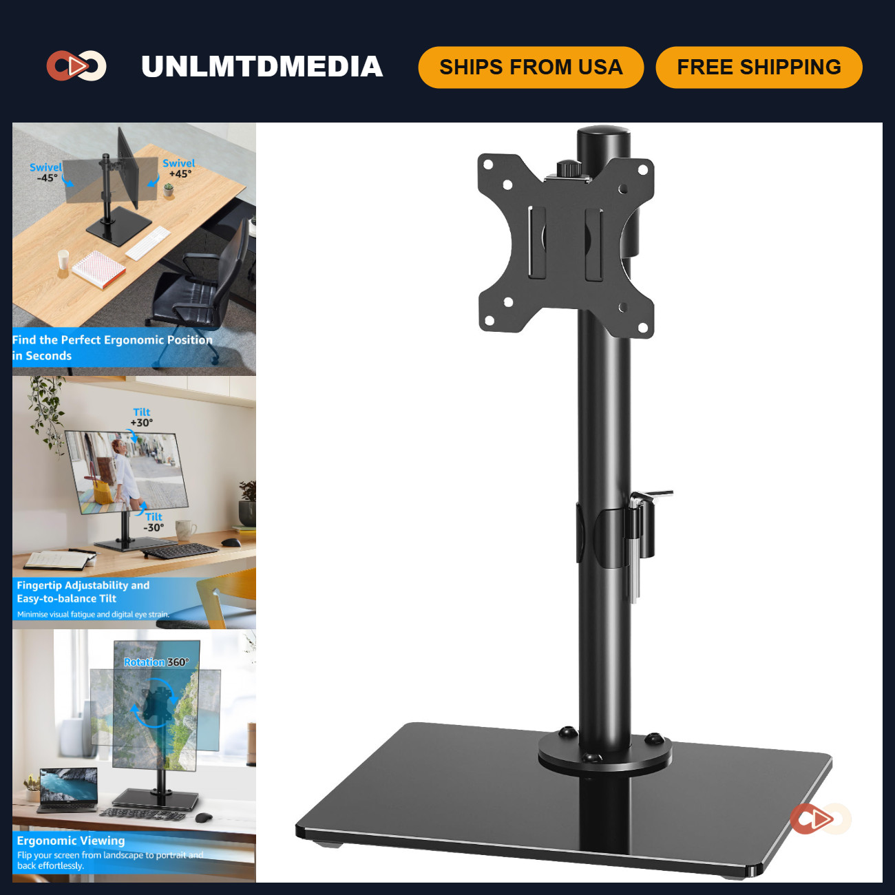 Freestanding Monitor Stand for 13-32" Screens, Adjustable Height & Swivel, VESA