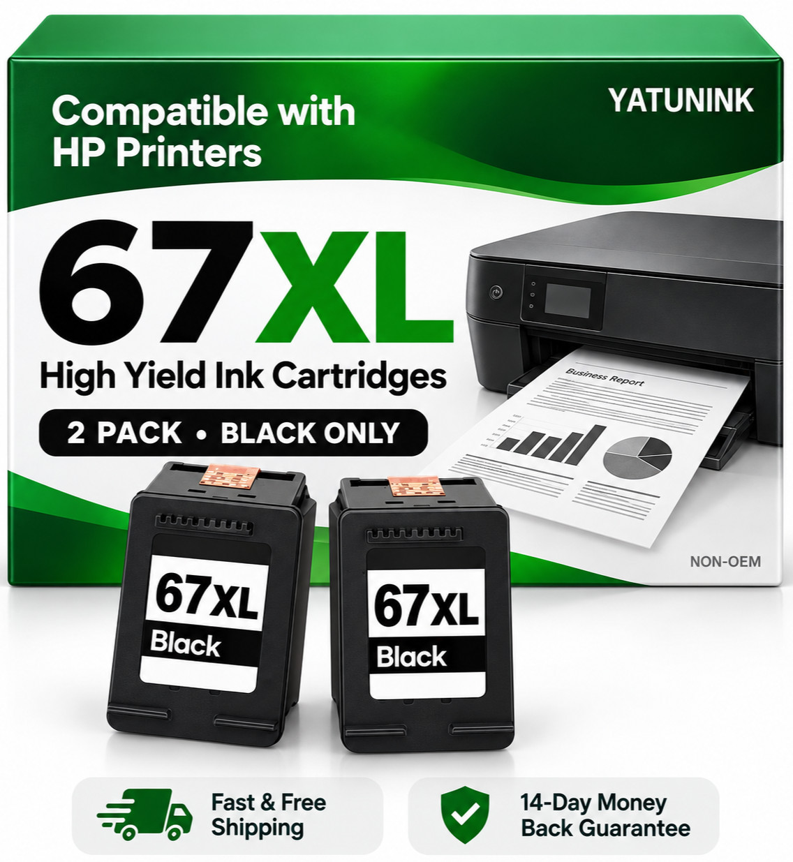 2PK 67XL Ink Cartridge Black For HP ink 67 DeskJet 2700 2755 4155 Envy 6055 6455