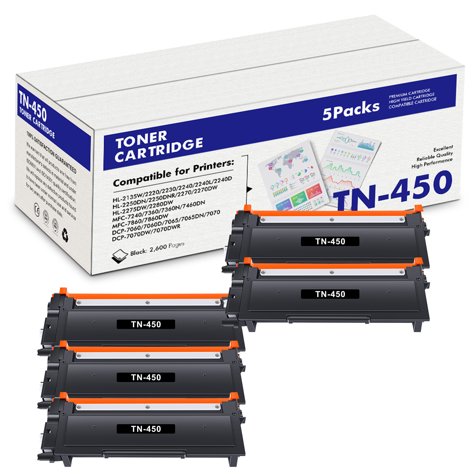 5PK TN450 Toner Compatible with Brother TN420 TN-450 DCP-7065DW HL-2270DW 2240D