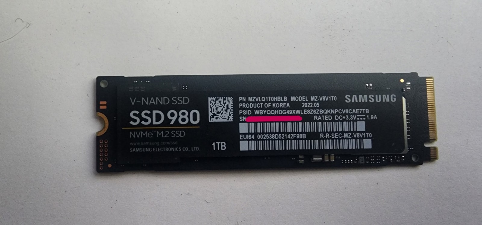 Samsung 980 1TB NVMe M.2 SSD PCIe 3.0 MZ-V8V1T0B - SMART Passed