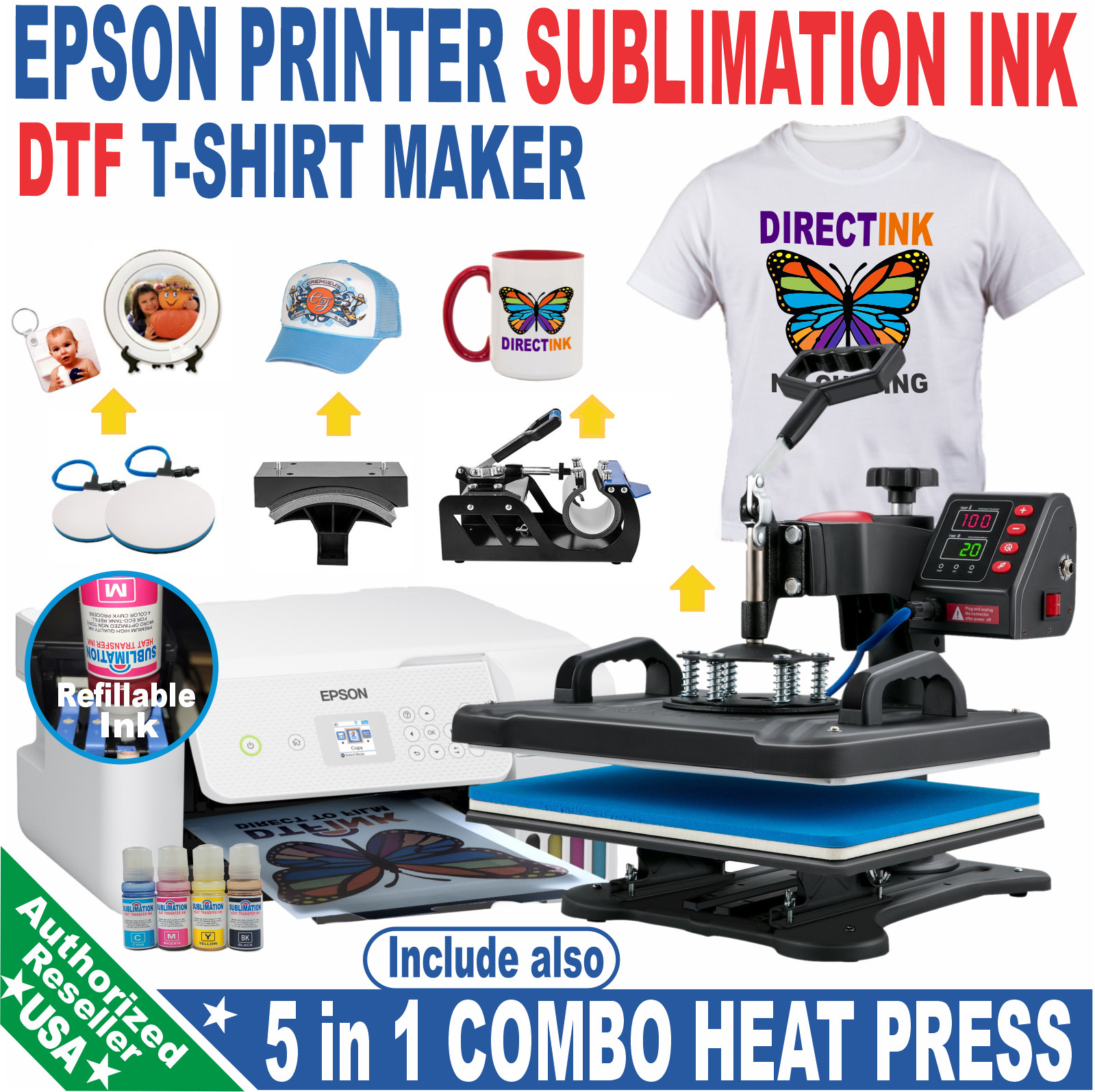 Epson Printer with Sublimation ink Plus  5 in 1 Heat Press Complete Bundle/