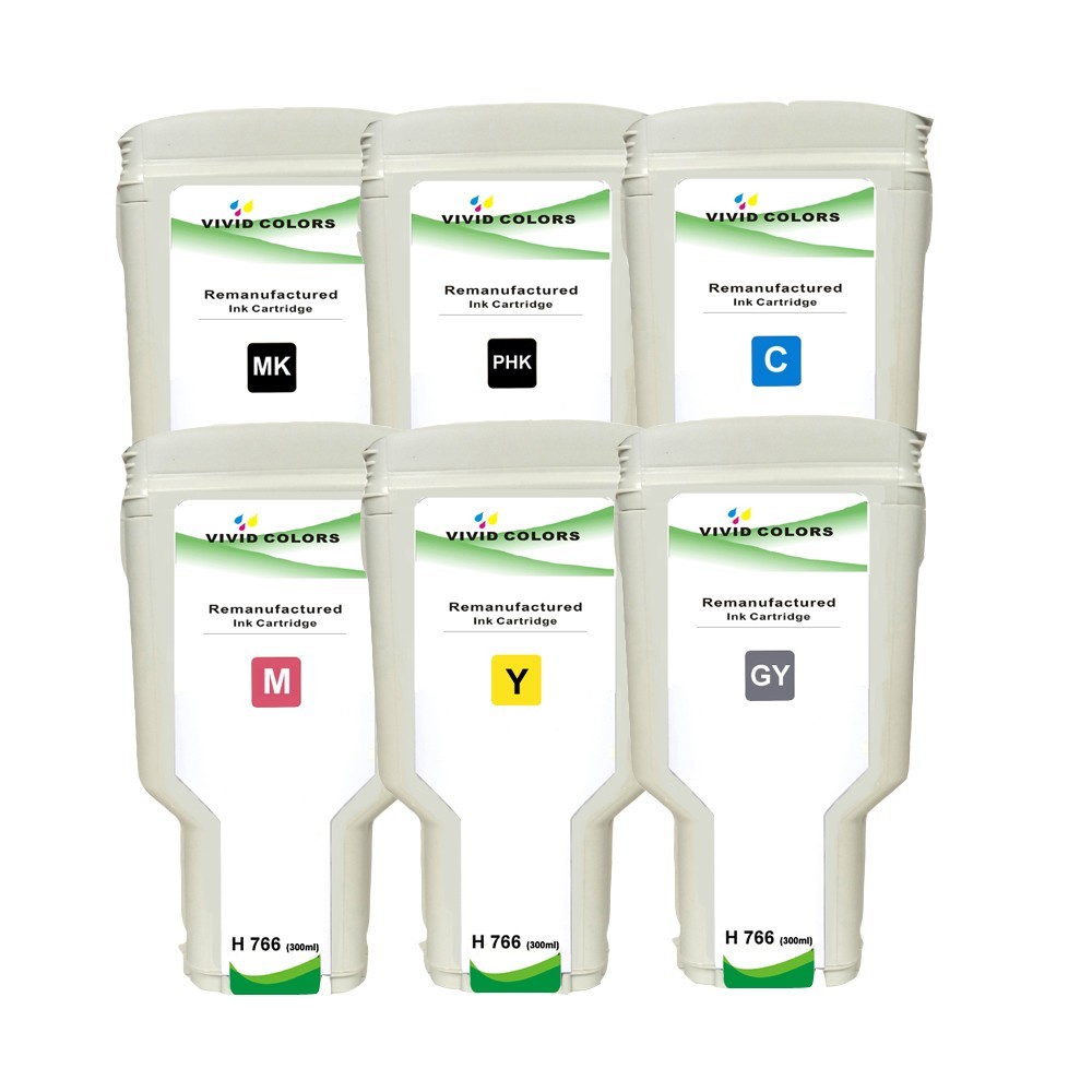 A Set of 6 colors H 766 Reman  300ml ink cartridge DesignJet H XL3600/3600dr