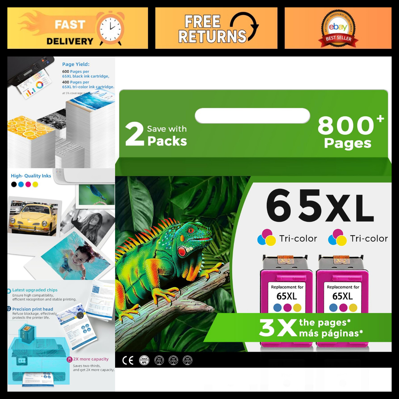 High-Capacity 65XL Color Ink Cartridge Compatible for HP 65, 5055, 3755 Printers