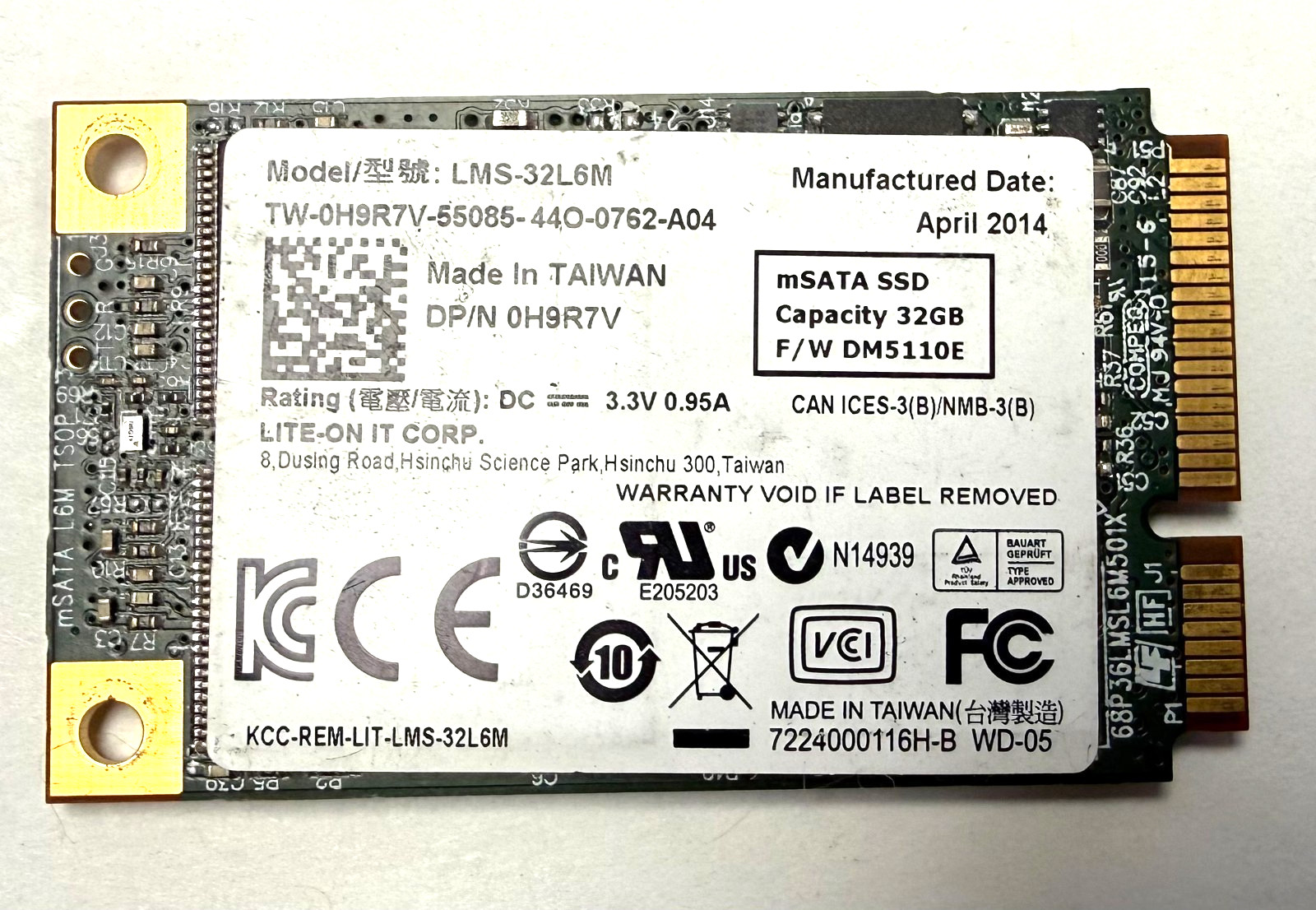 LITE-ON 32GB mSATA SSD LMS-32L6M PCIe Dell P/N 0H9R7V