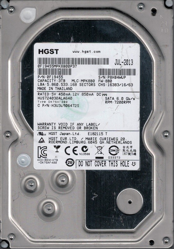 HGST HUS724030ALA640 P/N: 0F19455 MLC: MPK8B0 Thailand 3TB