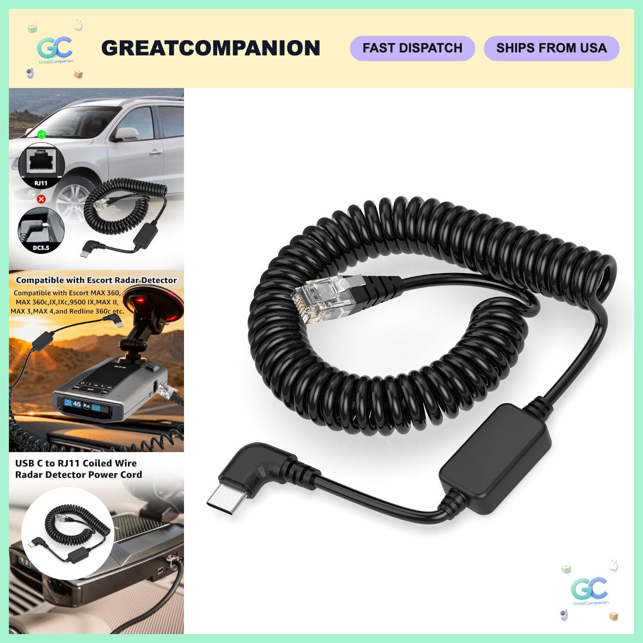 Coiled USB C to RJ11 Cable for Radar Detector Power Supply - High-Quality Cord