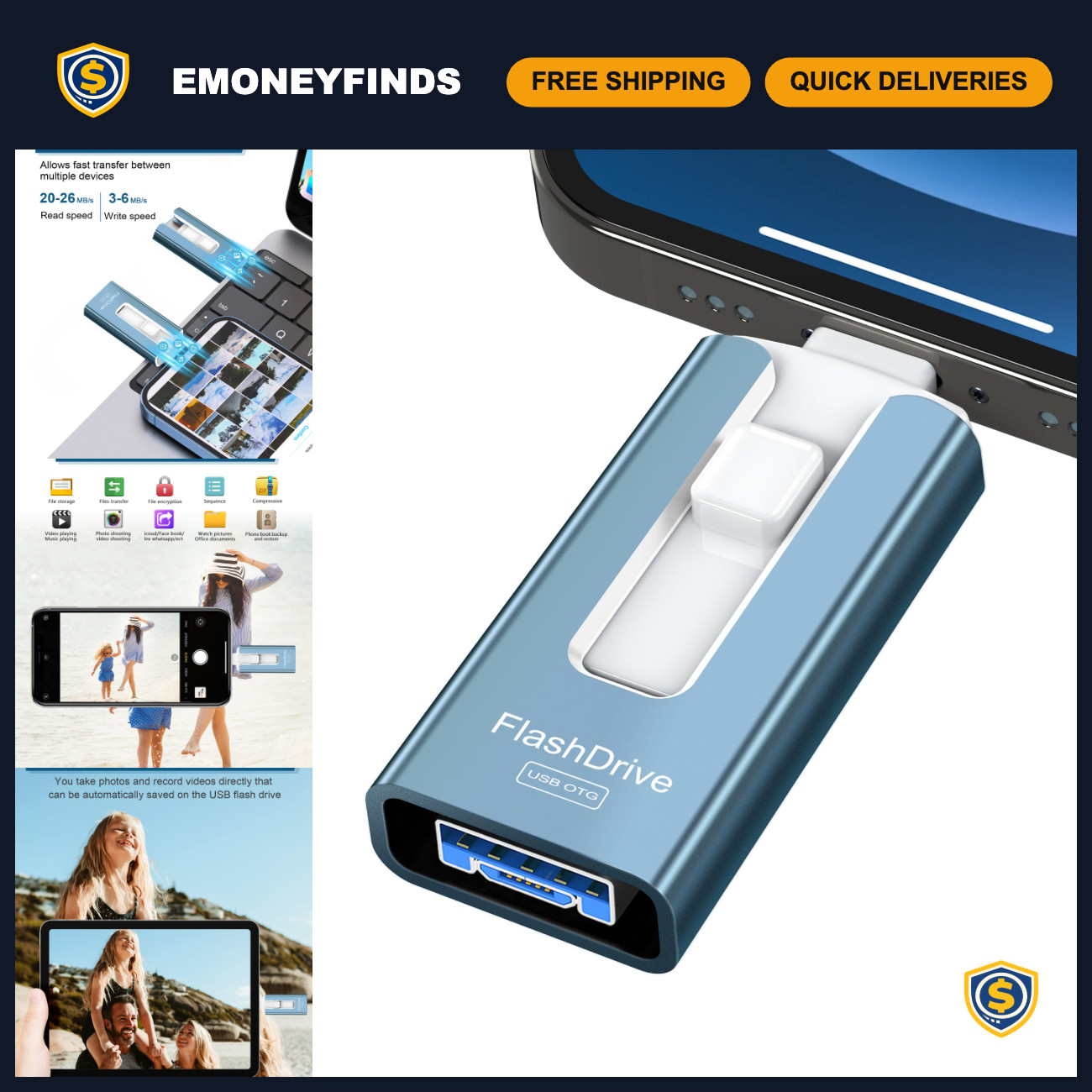 256GB High-Speed USB Flash Drive for Phone & Tablet, Photo Storage Memory Stick