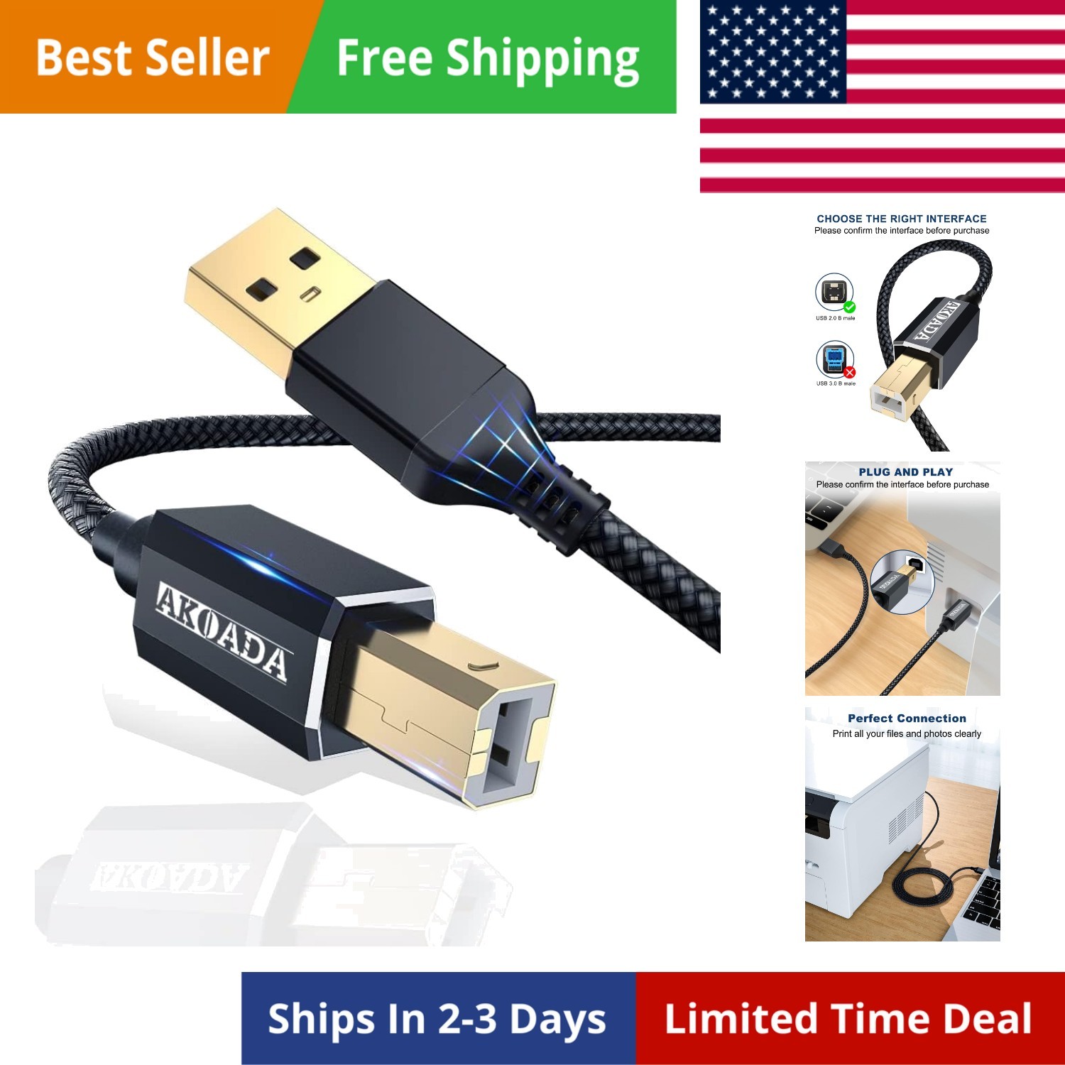 Printer Cable 20 ft, USB 2.0 Type A Male to B Male Printer Scanner Cord High ...