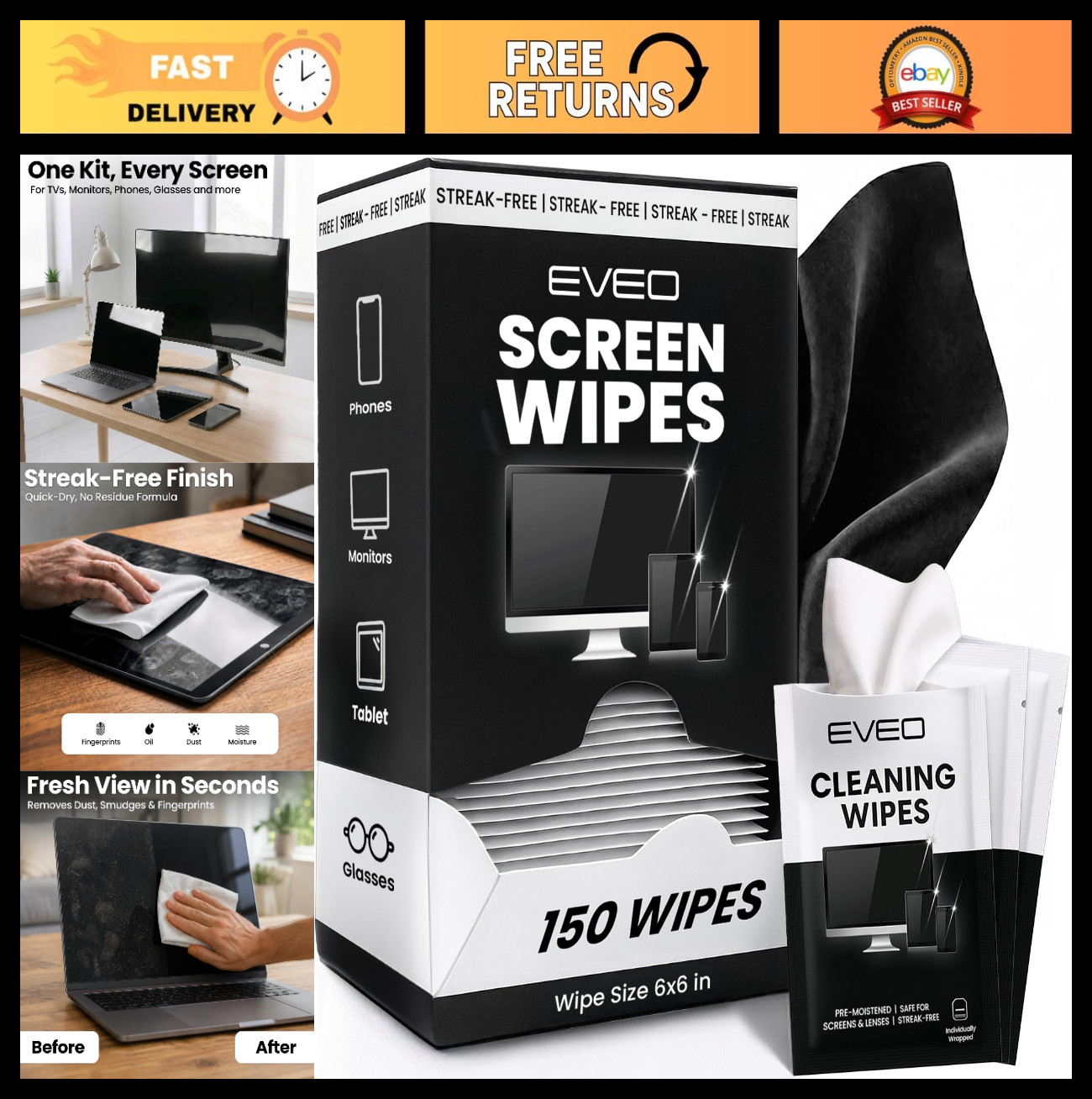 150 Pack Electronic Screen Wipes - Computer, Laptop, Phone & Car Cleaner, Microf