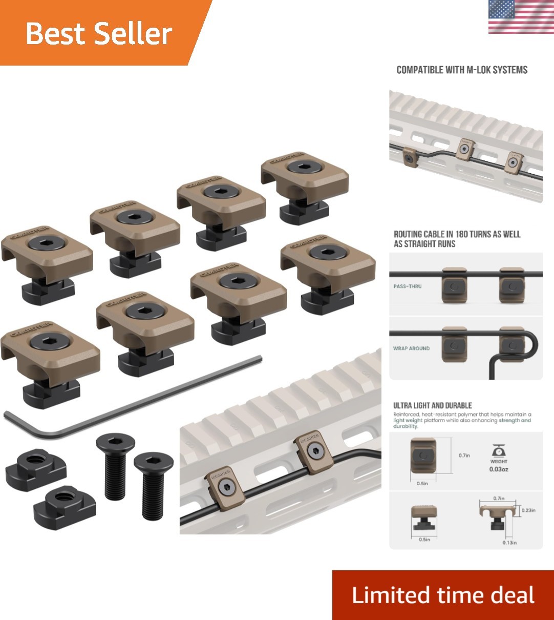 Durable M-LOK Cable Guides 8-Pack for Wire Management - Earth Tan Finish