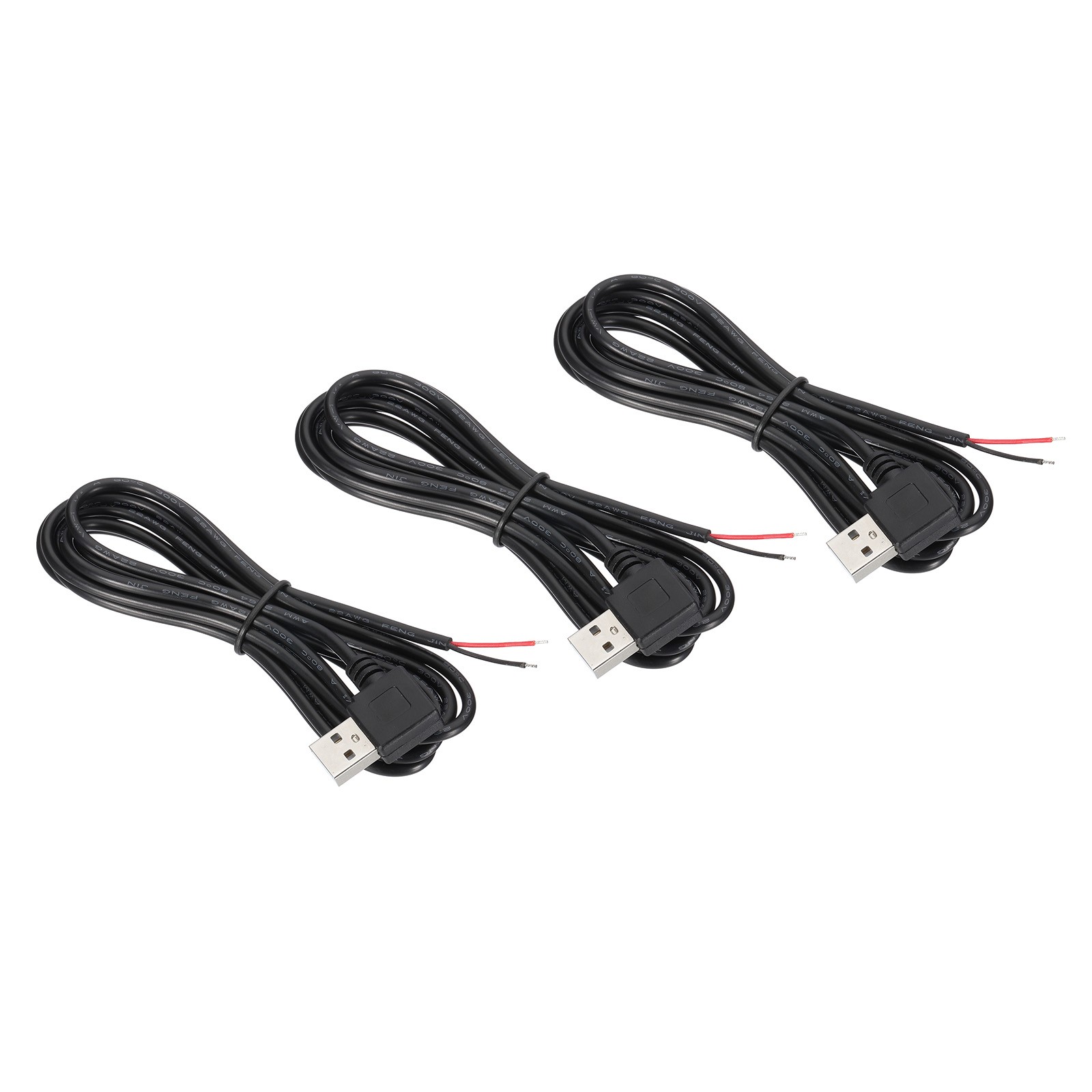 3 x 6.56Ft USB 2.0 Male to 2 Pin Bare Wire Pigtail Cable 22AWG Right Angle Black