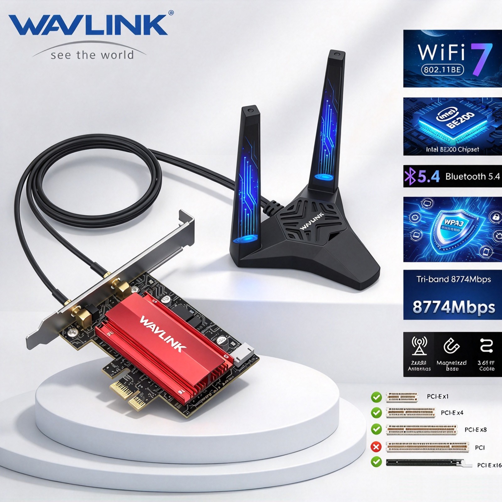 WAVLINK INTEL BE200 PCIE CARD BE8800 WIFI 7 BT5.4 NETWORK CARD PCIEX1 X4 X8 X16